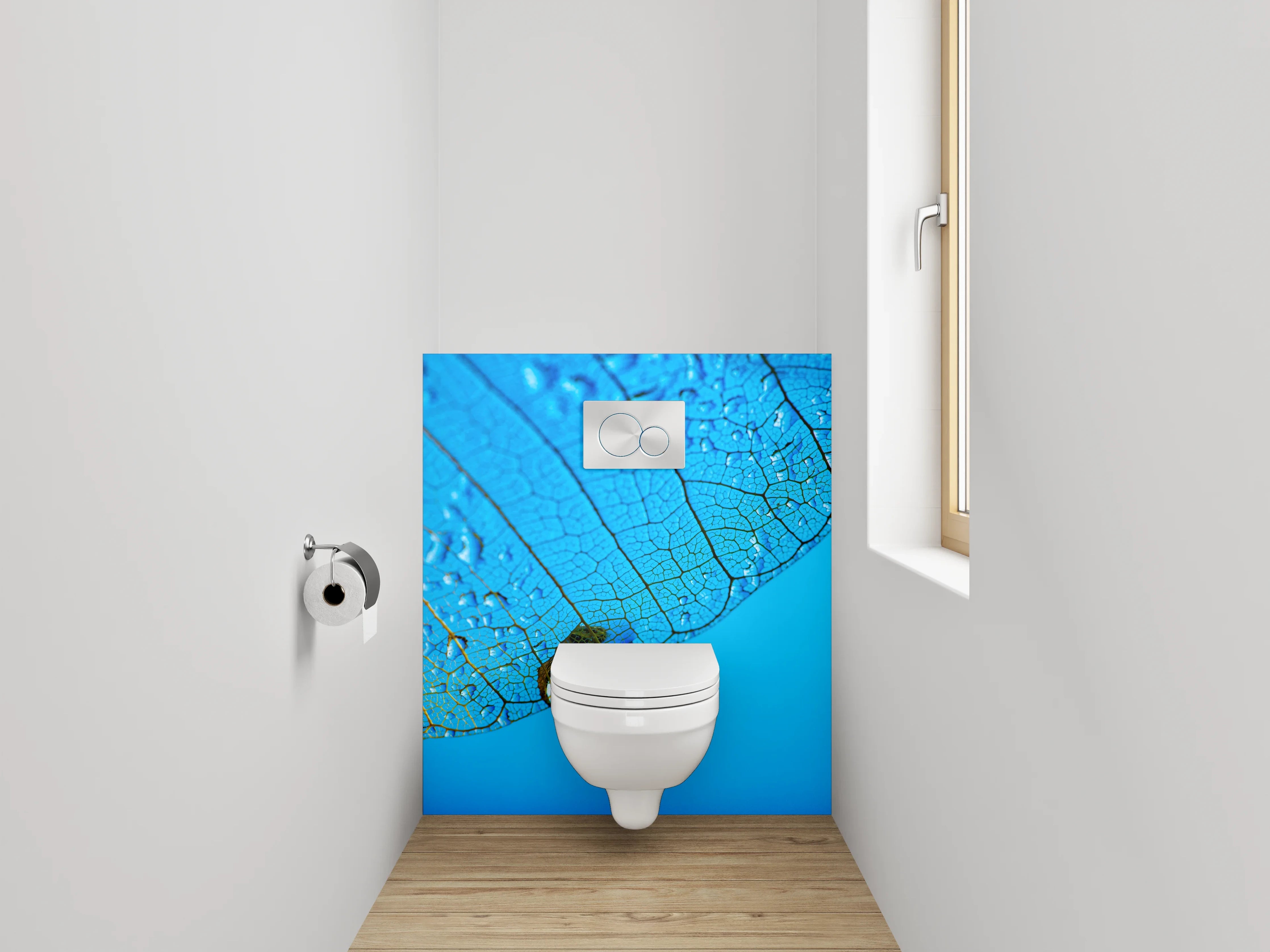 WC-Rückwand - Blaues Blatt mit Wasserperlen