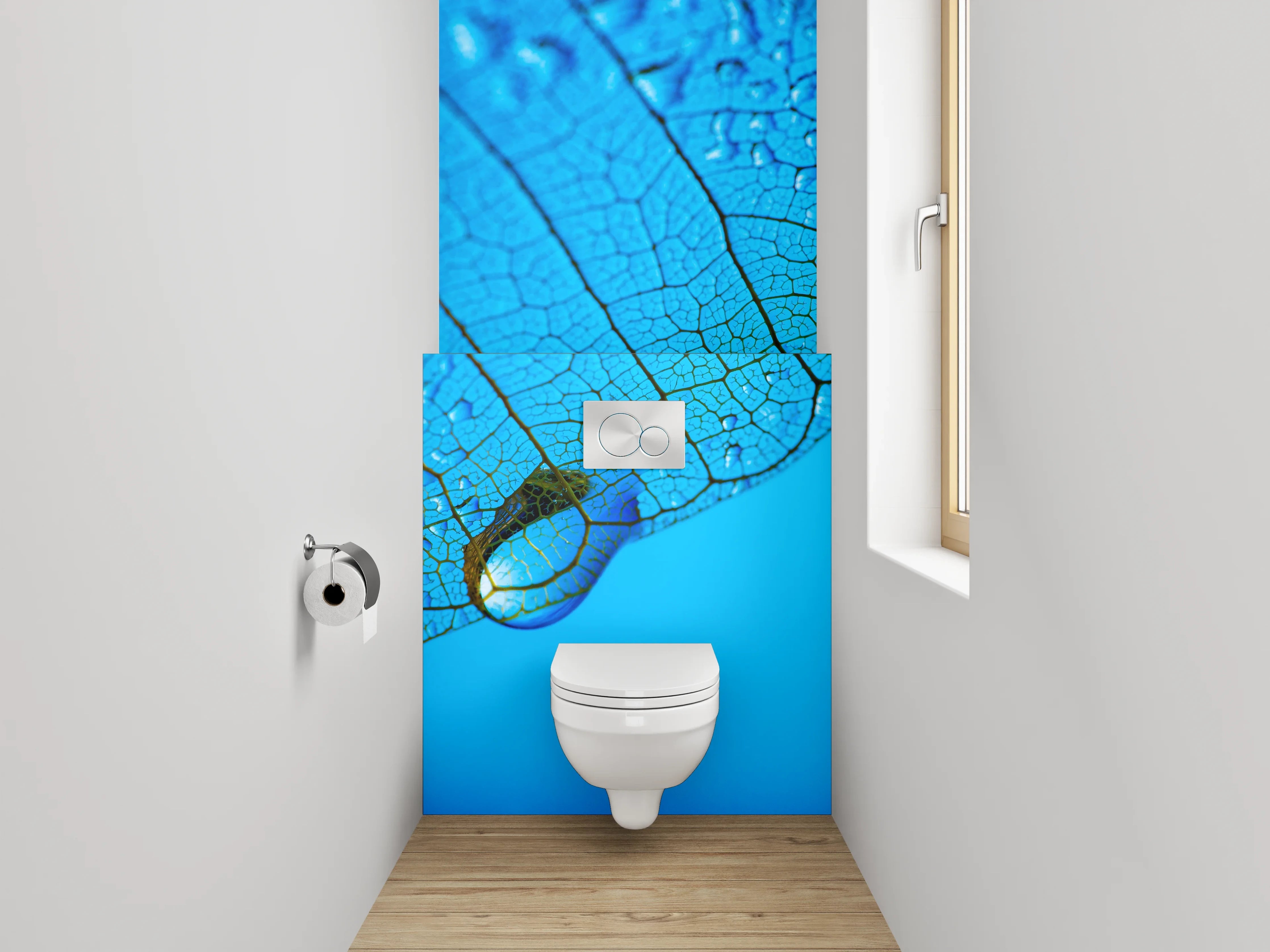 WC-Rückwand - Blaues Blatt mit Wasserperlen