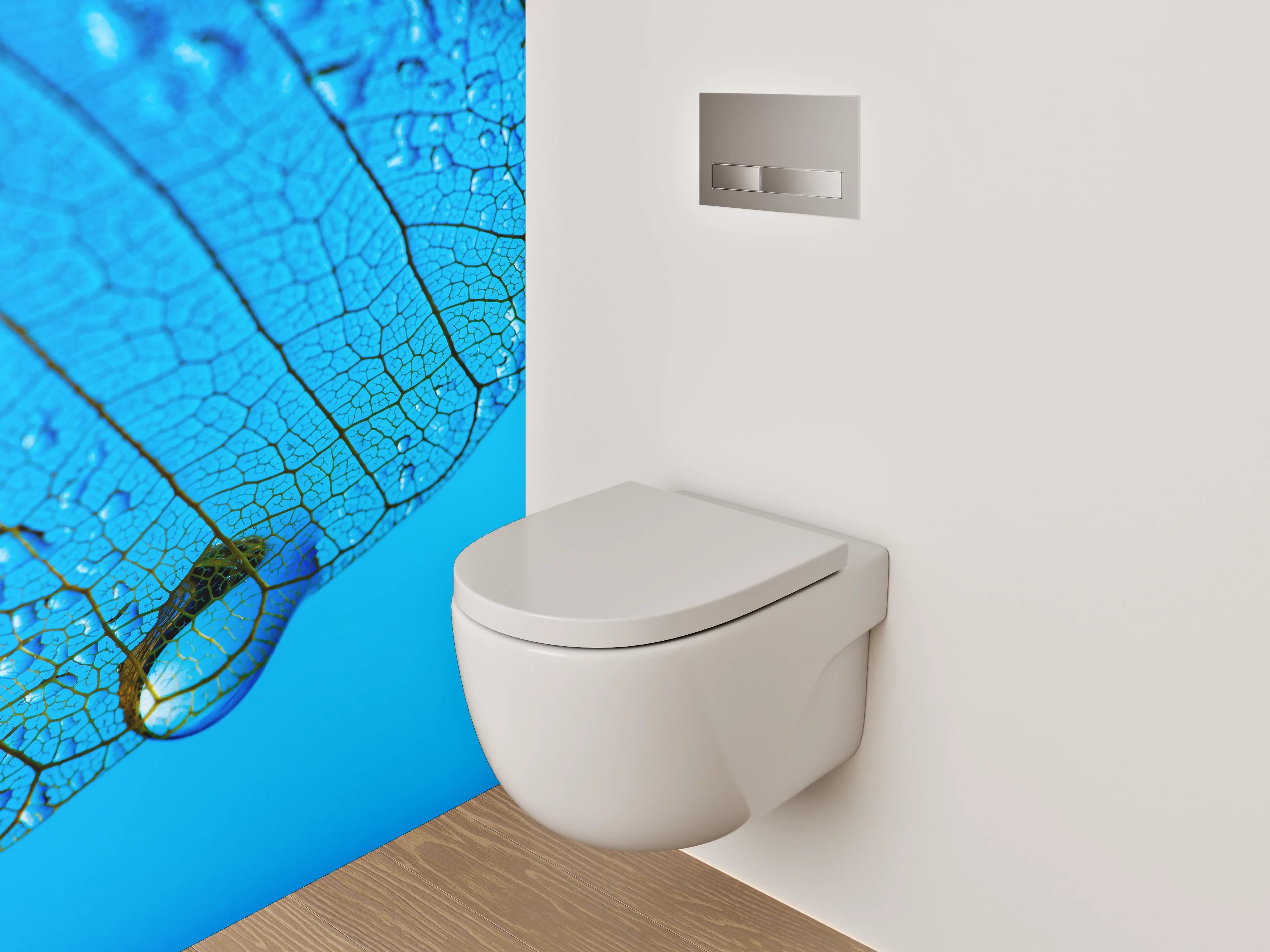 WC-Rückwand - Blaues Blatt mit Wasserperlen