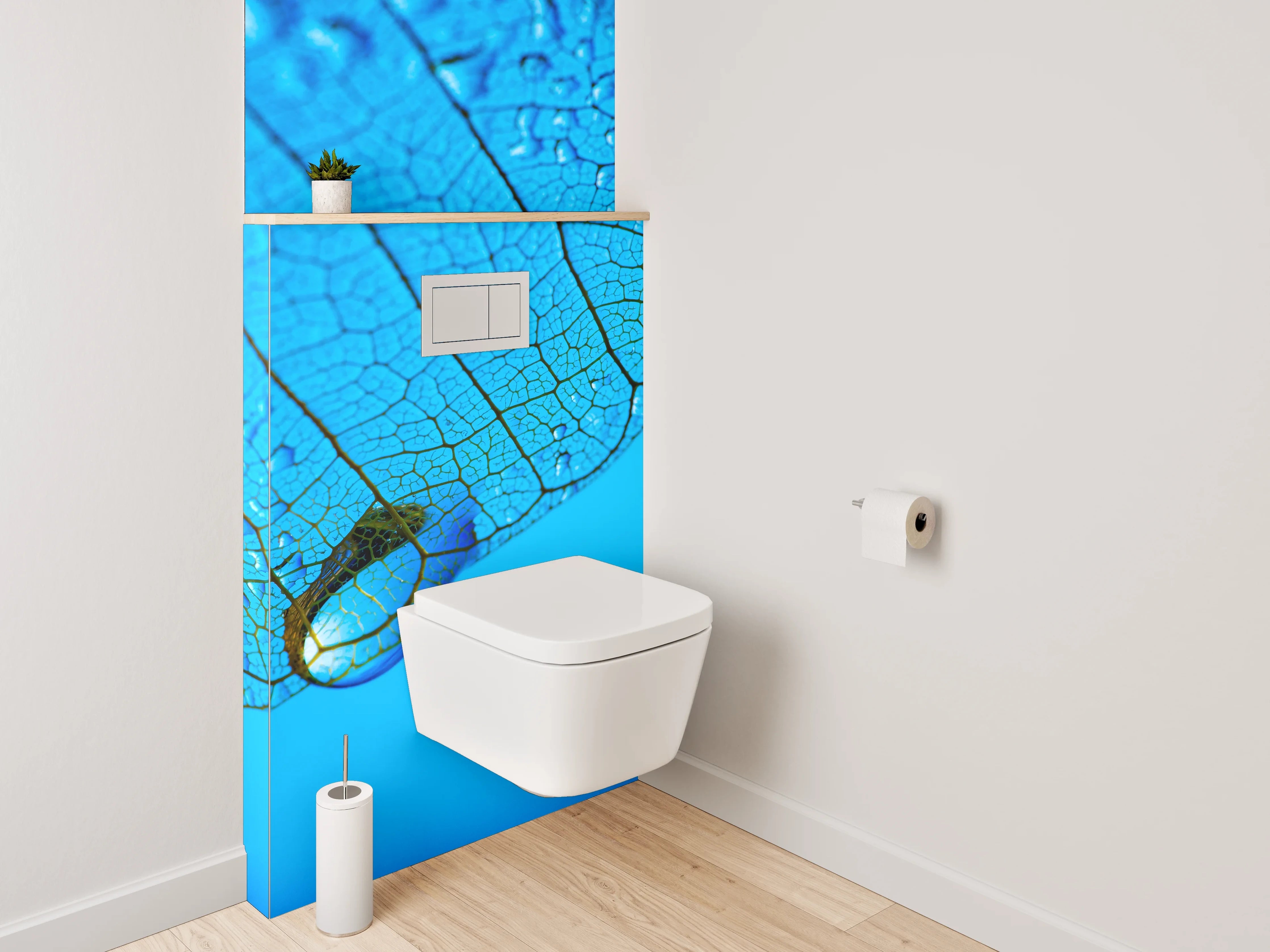 WC-Rückwand - Blaues Blatt mit Wasserperlen