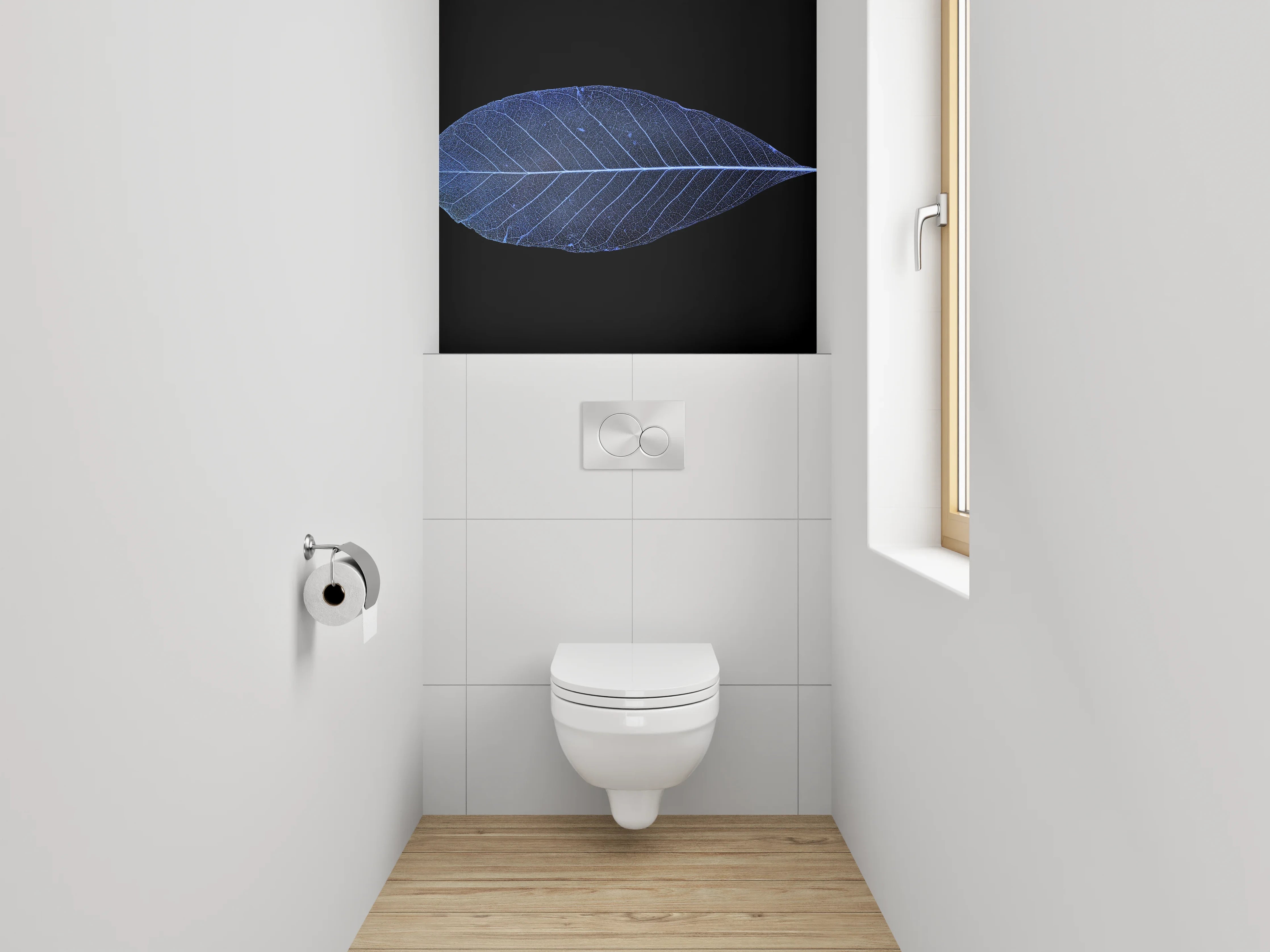 WC-Rückwand - Blaues Blatt: filigrane Pflanzenästhetik