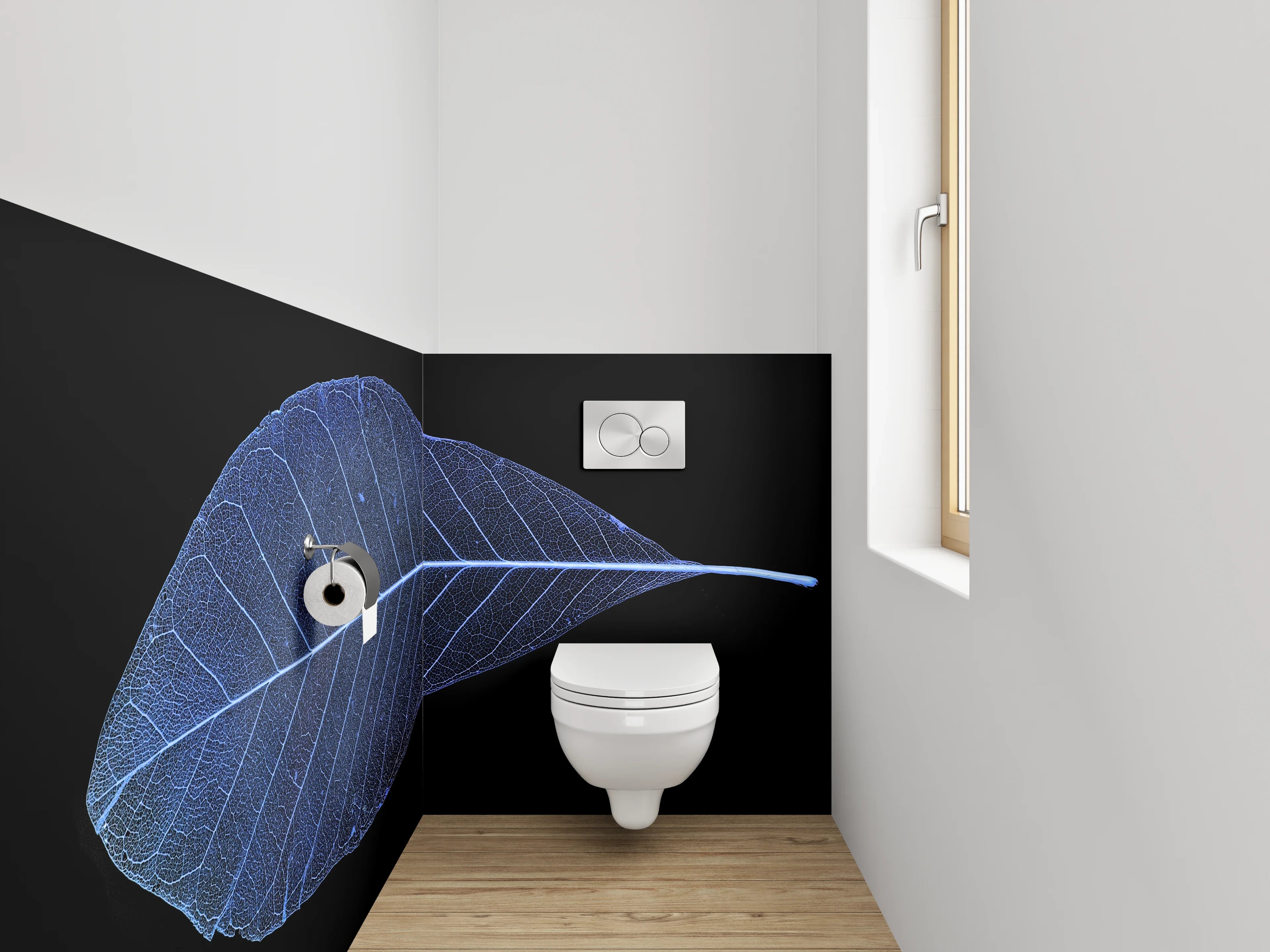 WC-Rückwand - Blaues Blatt: filigrane Pflanzenästhetik