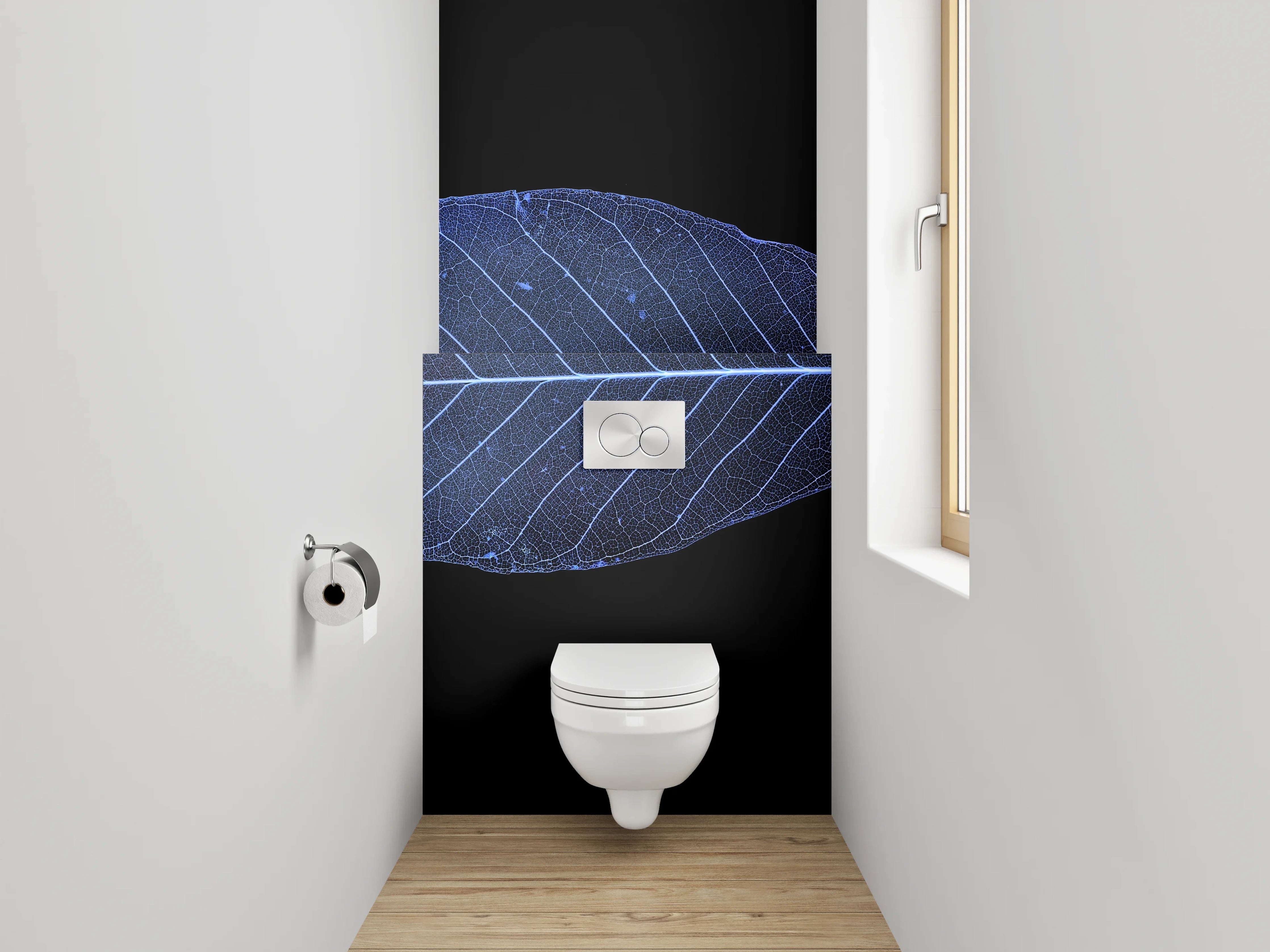 WC-Rückwand - Blaues Blatt: filigrane Pflanzenästhetik