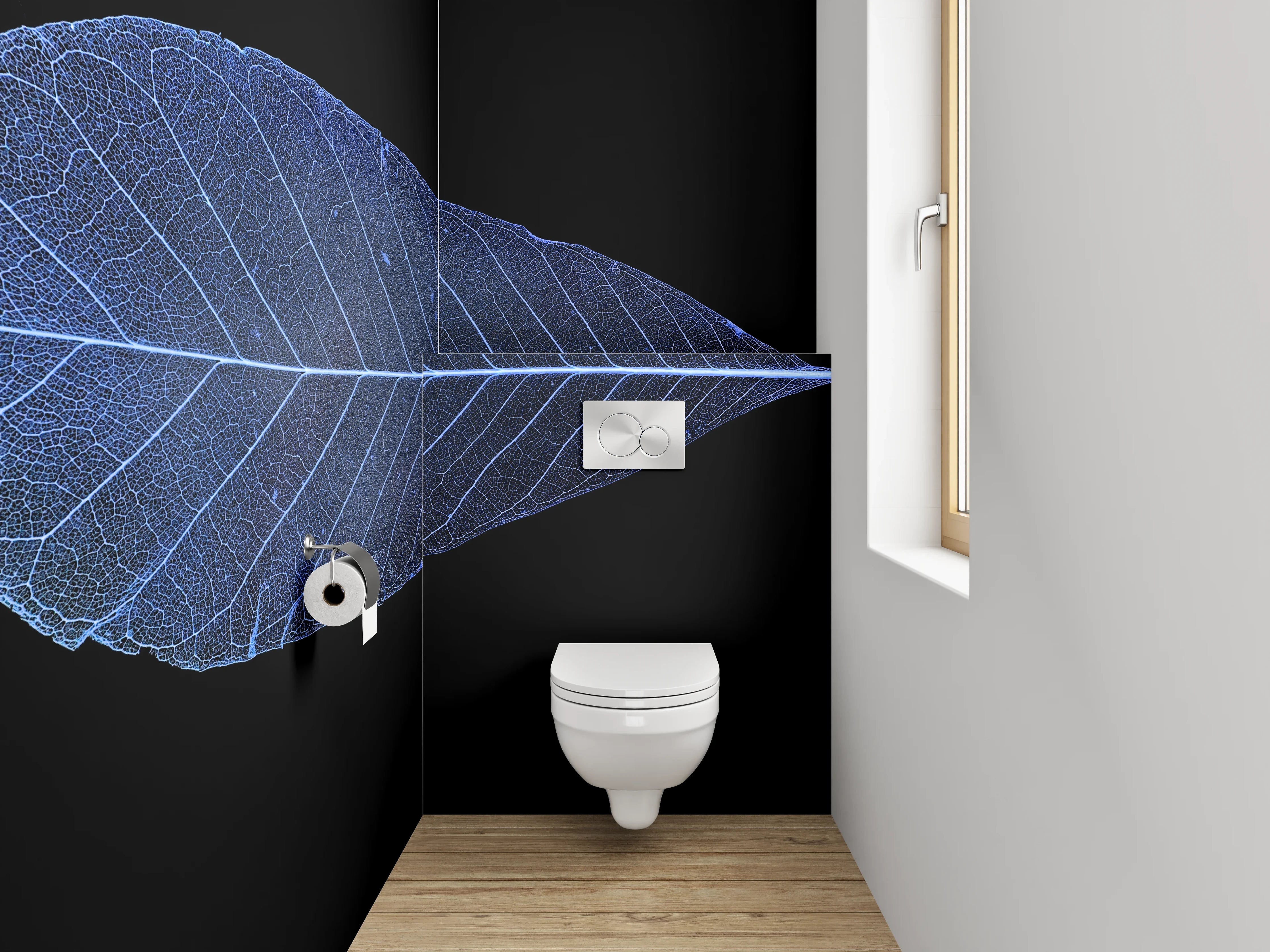 WC-Rückwand - Blaues Blatt: filigrane Pflanzenästhetik