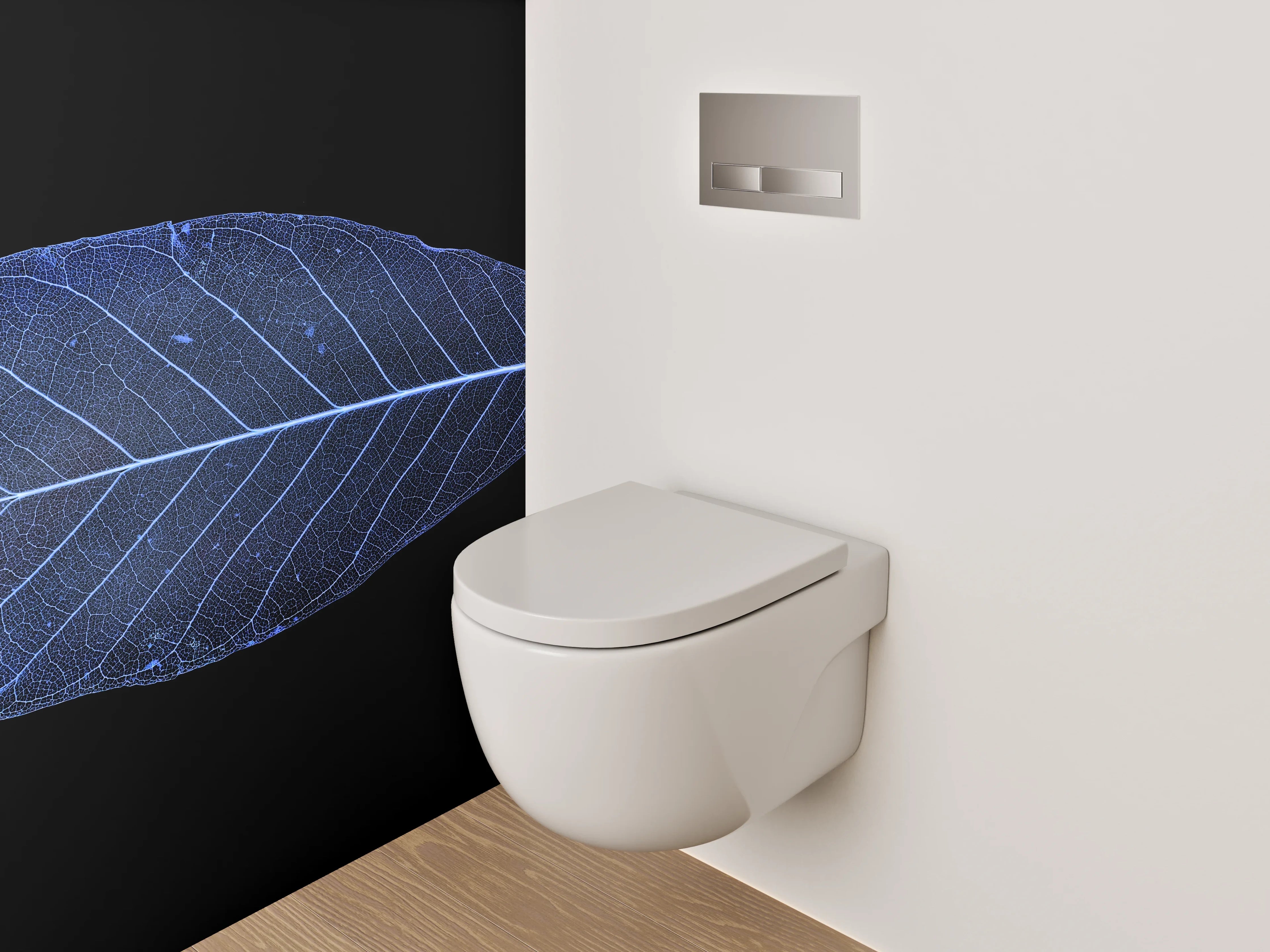 WC-Rückwand - Blaues Blatt: filigrane Pflanzenästhetik