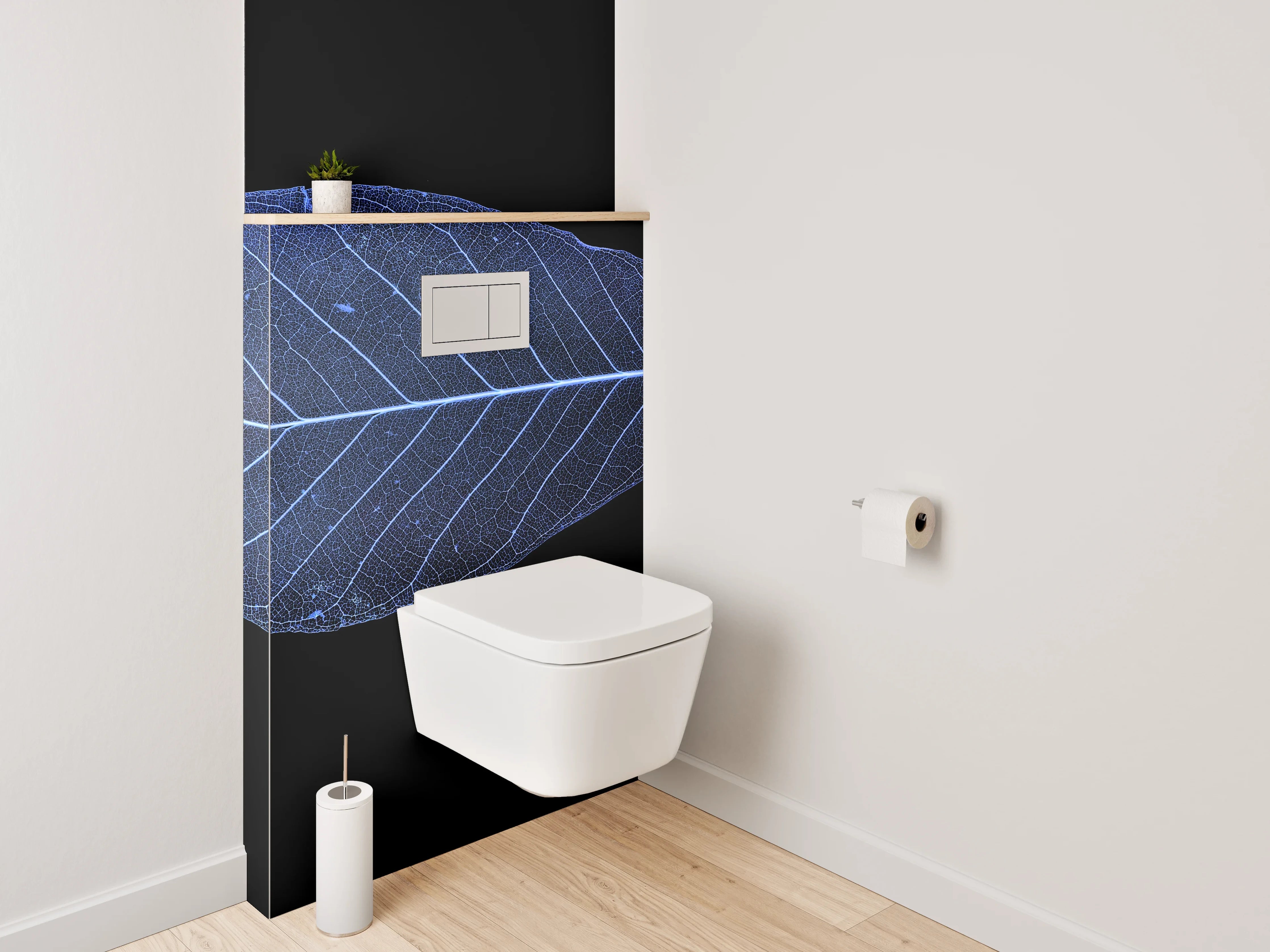 WC-Rückwand - Blaues Blatt: filigrane Pflanzenästhetik