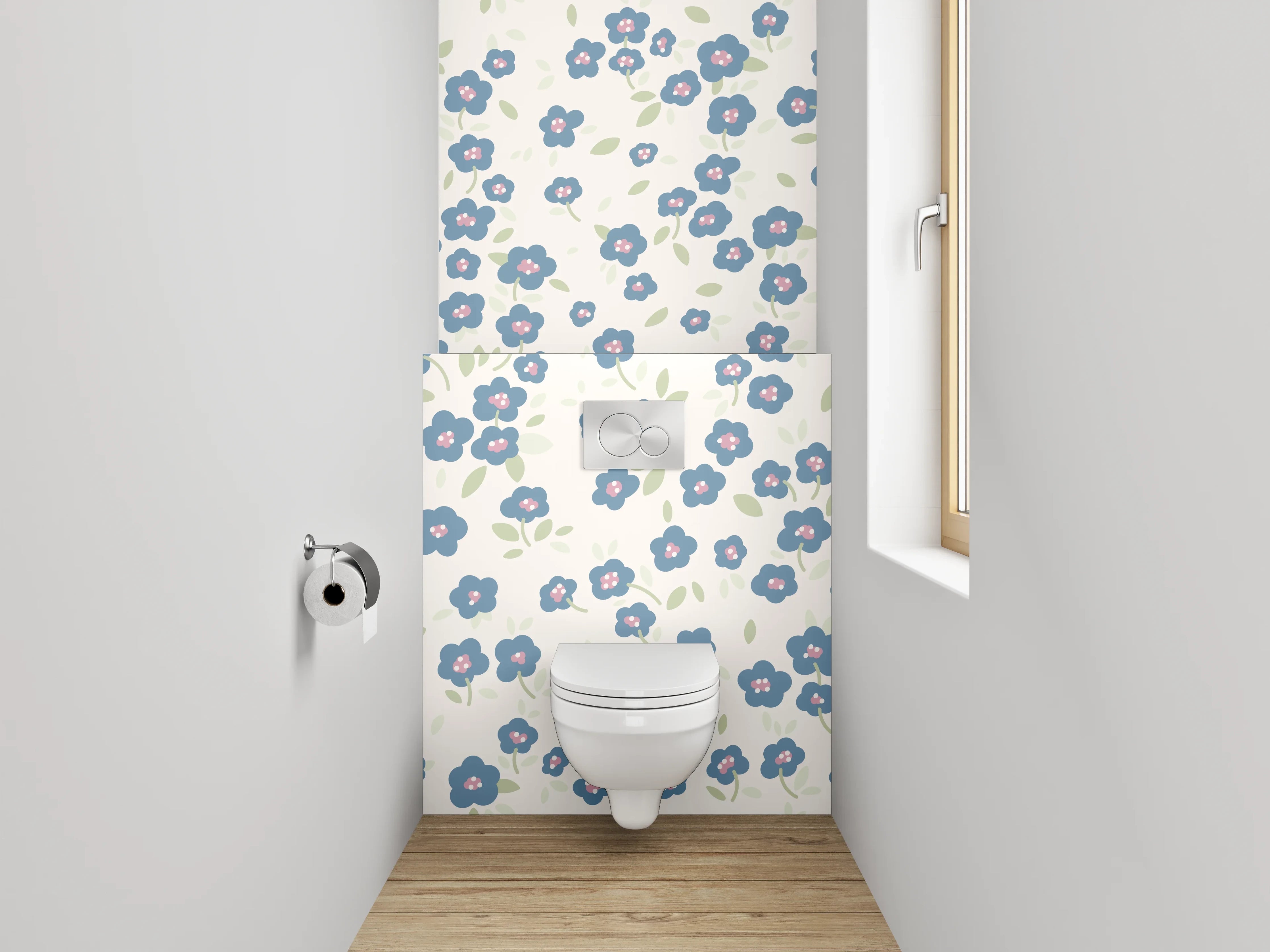 WC-Rückwand - Blaues Blumenmuster auf Weiß