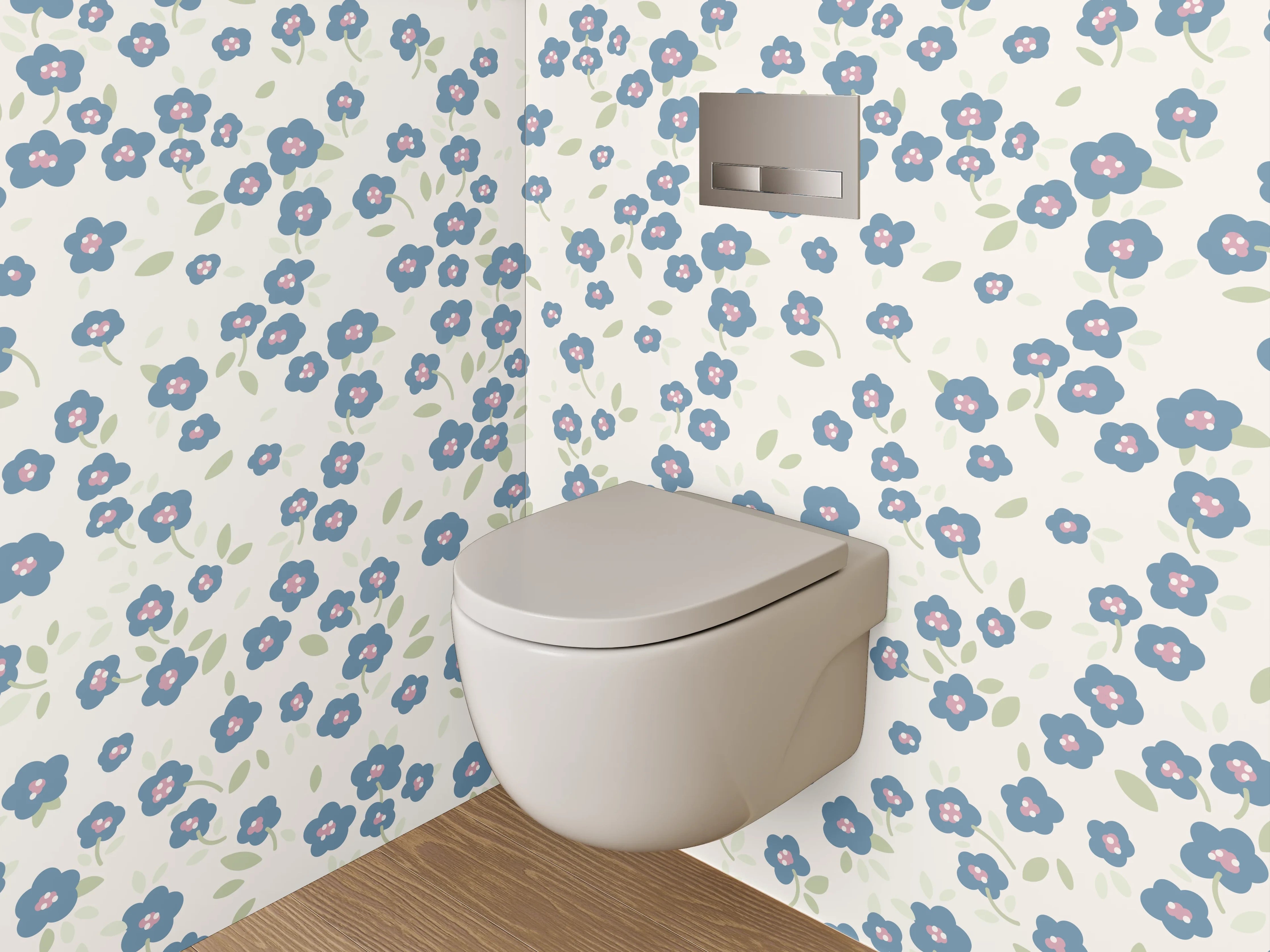 WC-Rückwand - Blaues Blumenmuster auf Weiß