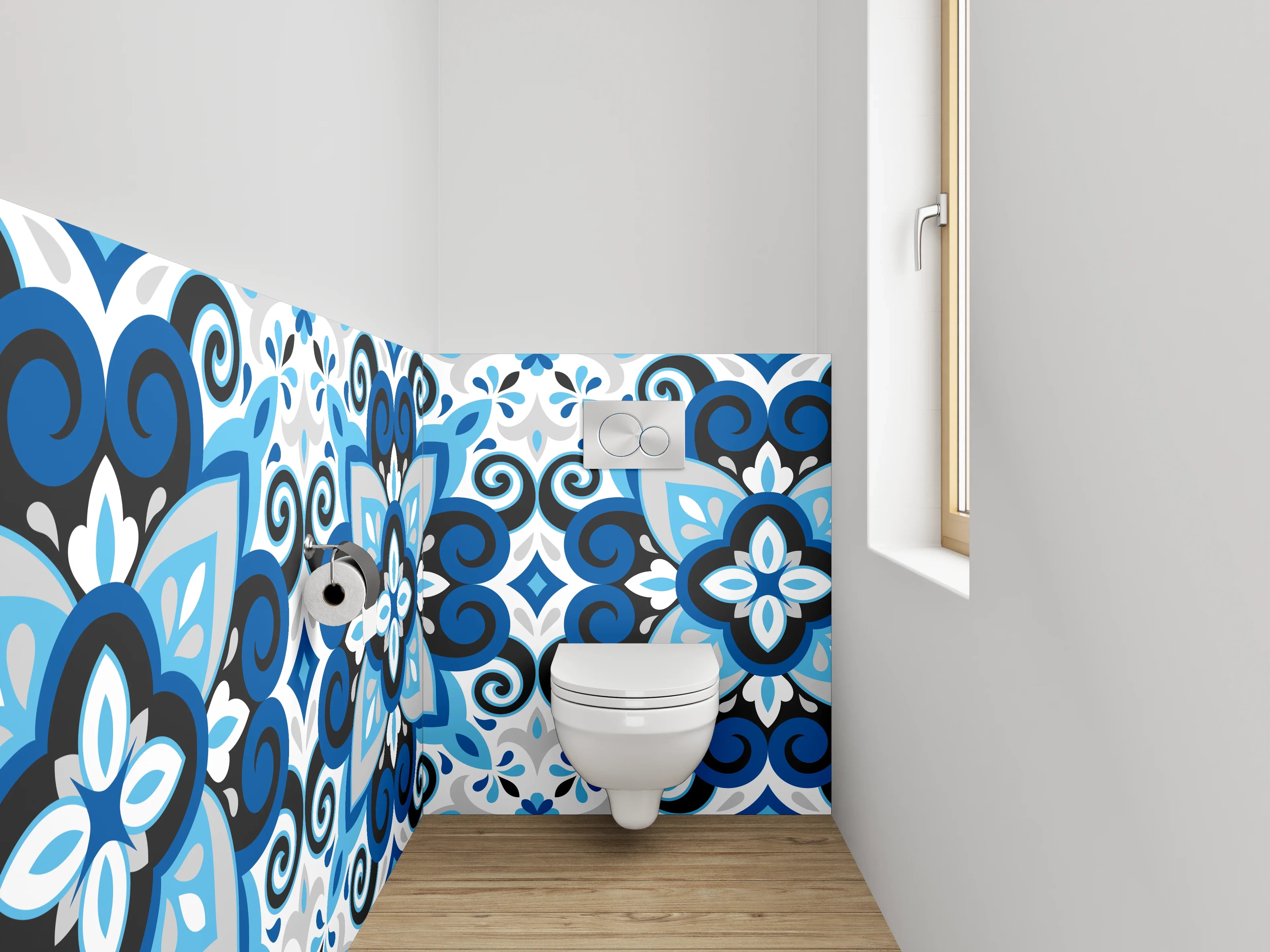 WC-Rückwand - Blaues Retro-Muster Fliesenoptik