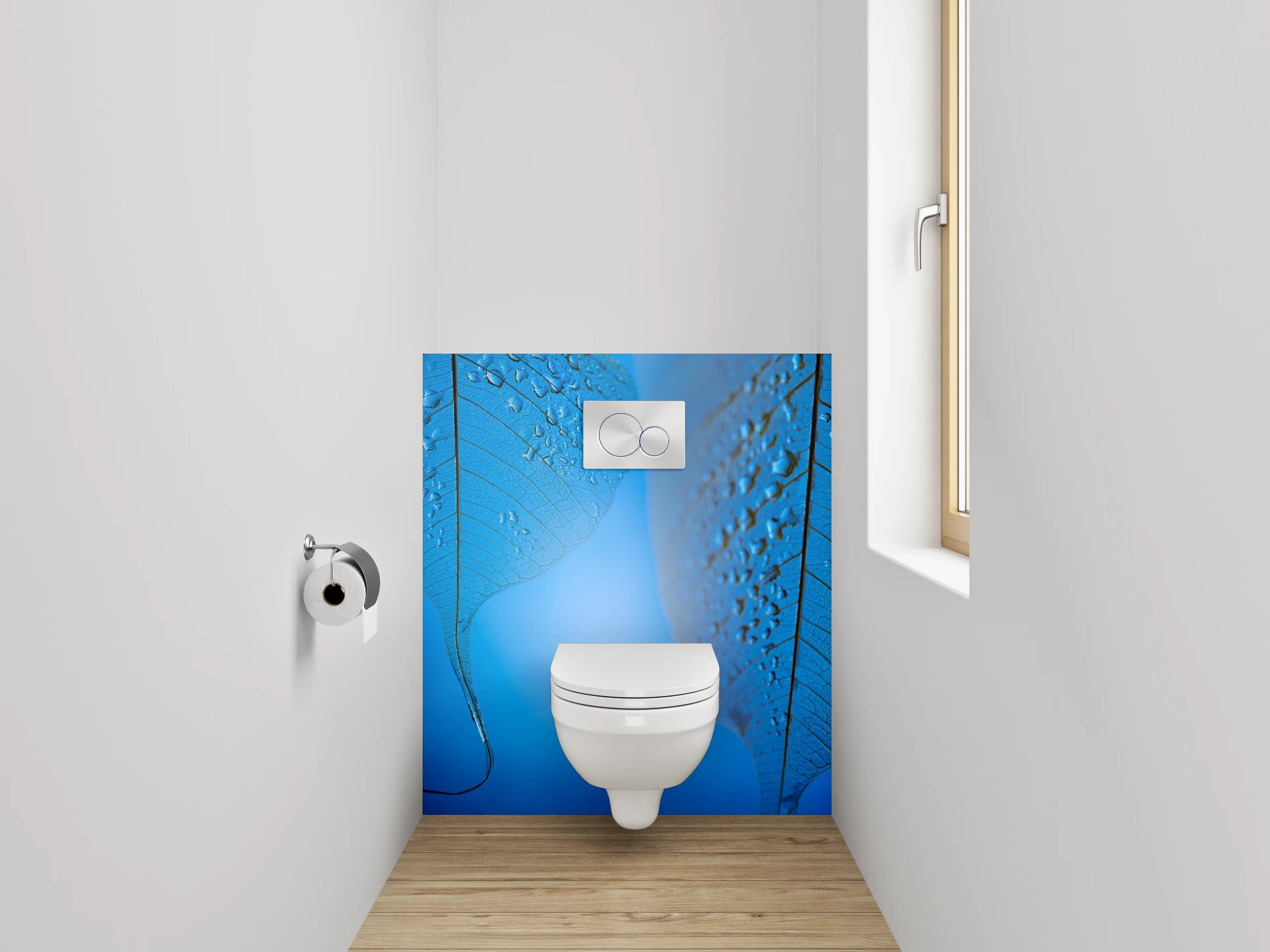 WC-Rückwand - Blaues Skelettblatt mit Wassertropfen