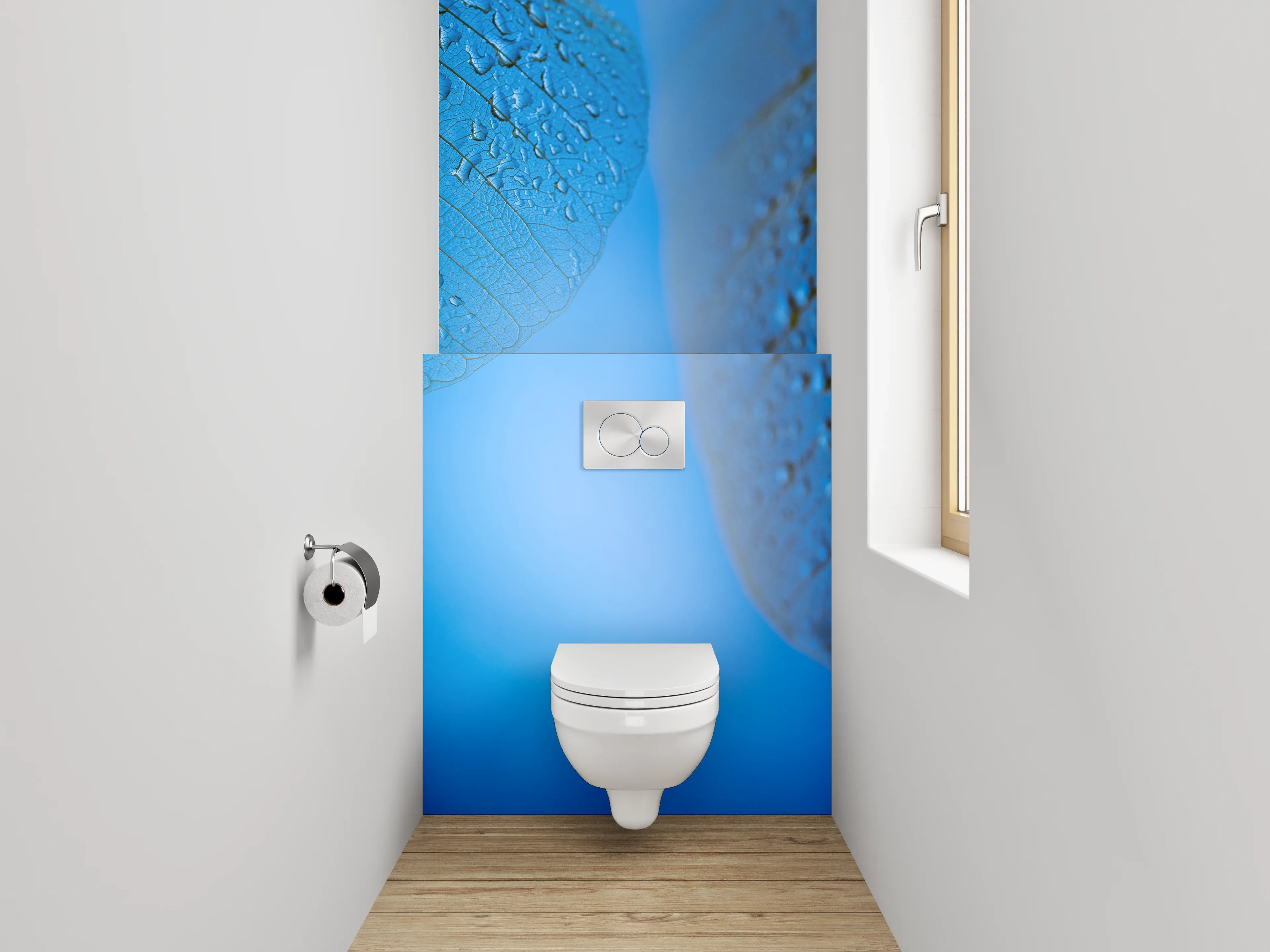 WC-Rückwand - Blaues Skelettblatt mit Wassertropfen
