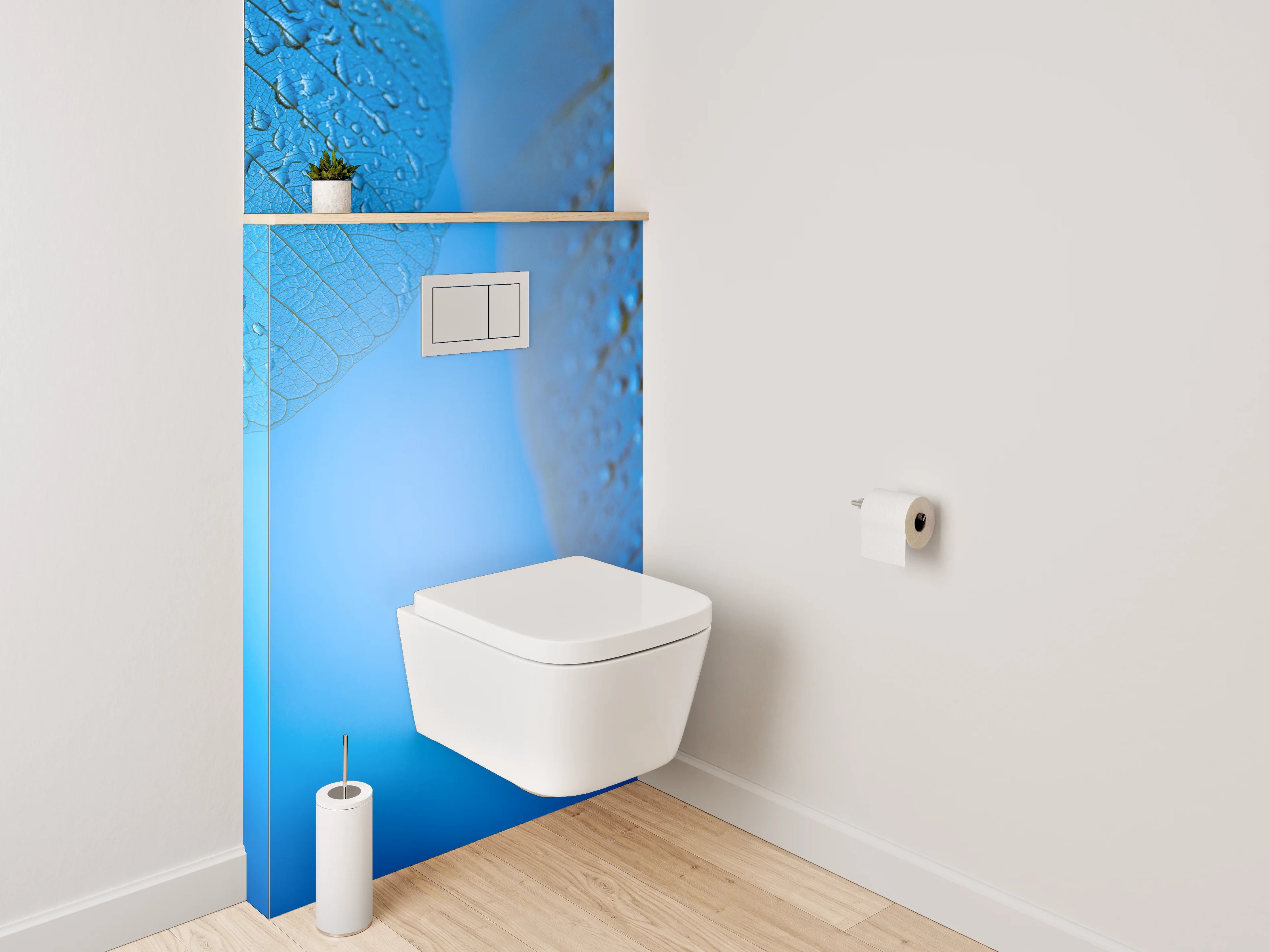 WC-Rückwand - Blaues Skelettblatt mit Wassertropfen