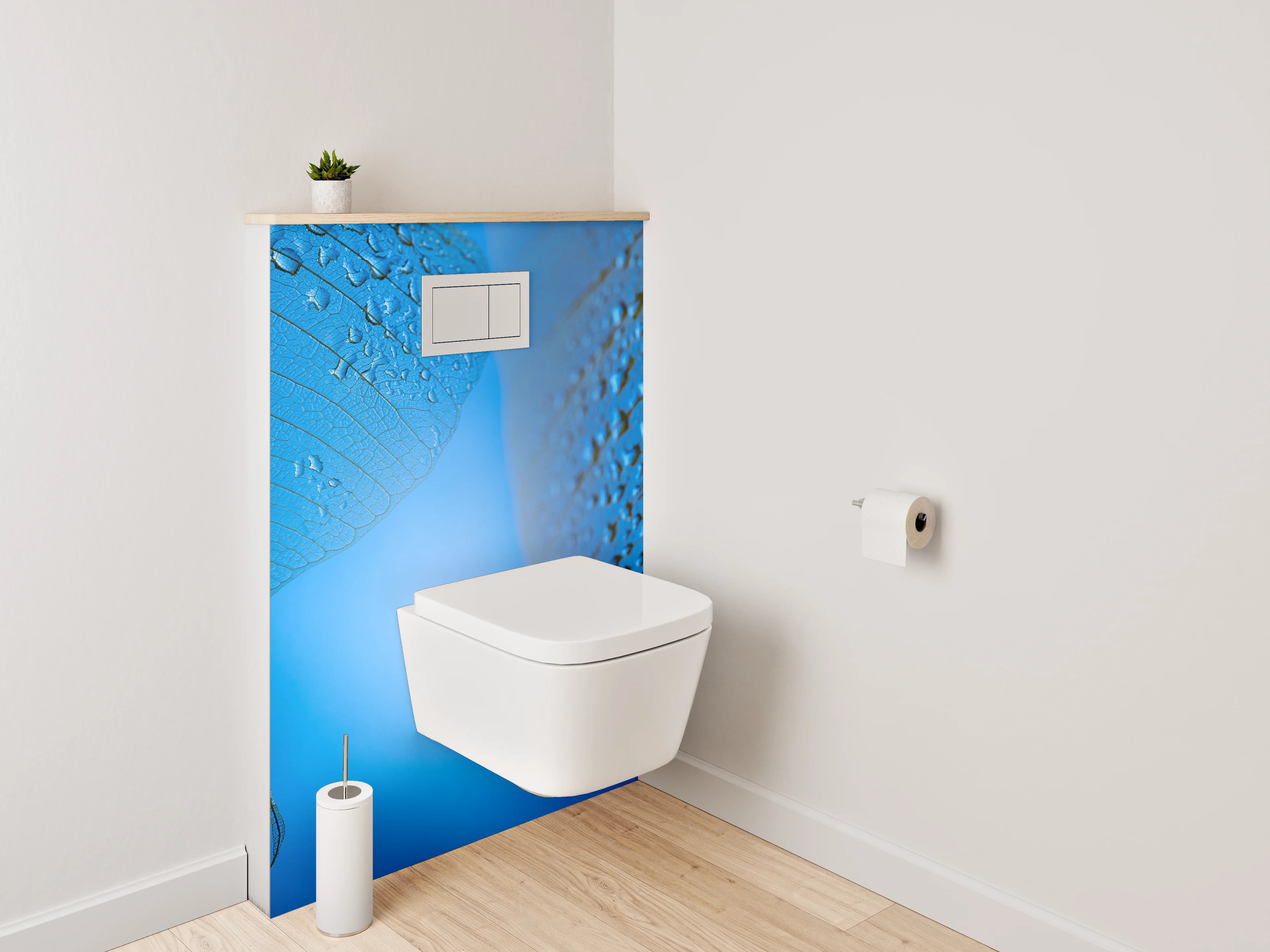 WC-Rückwand - Blaues Skelettblatt mit Wassertropfen