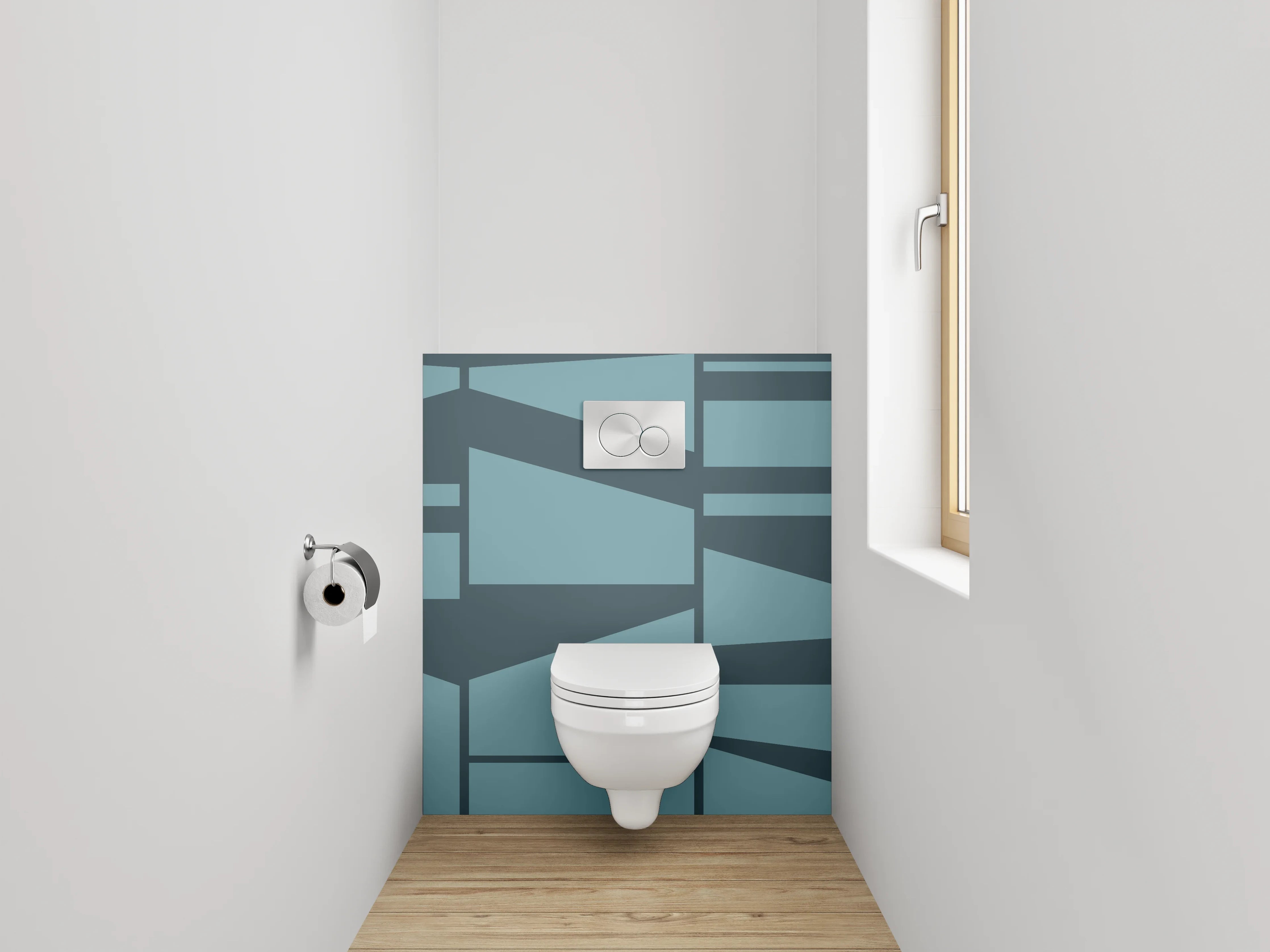 WC-Rückwand - Blaugraue Formen auf weißem Grund