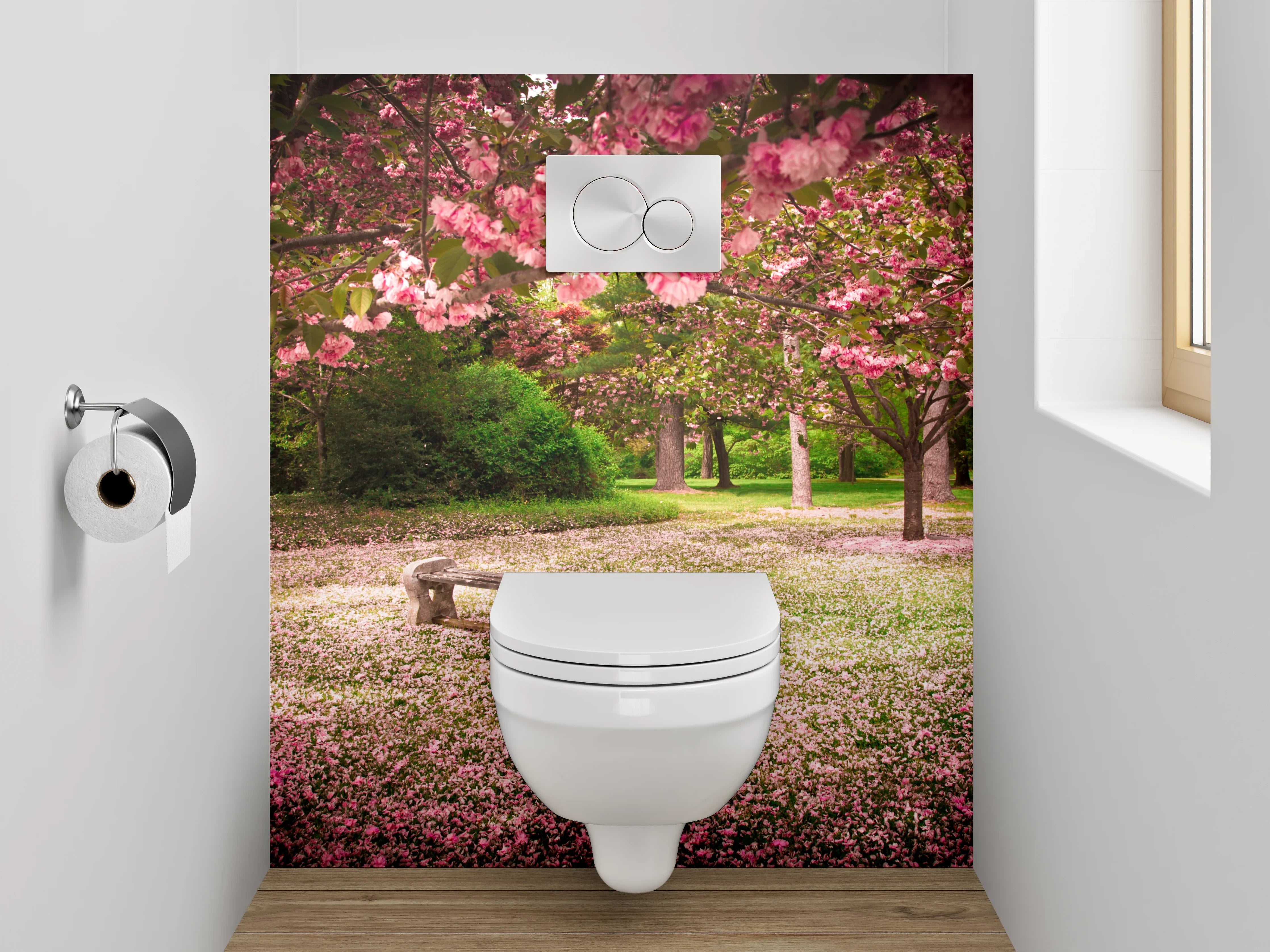 WC-Rückwand - Blühende Kirschbäume im Park
