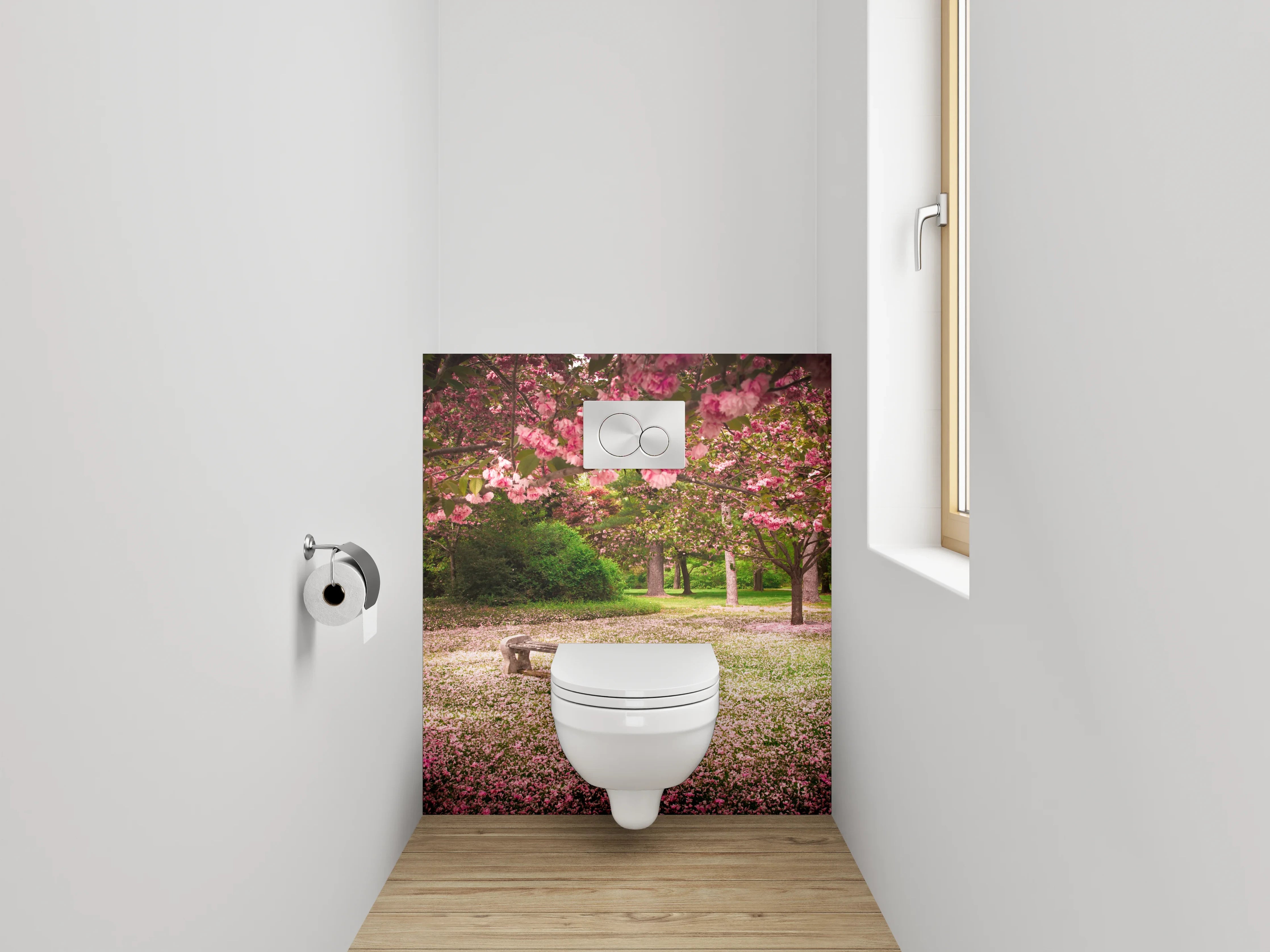 WC-Rückwand - Blühende Kirschbäume im Park