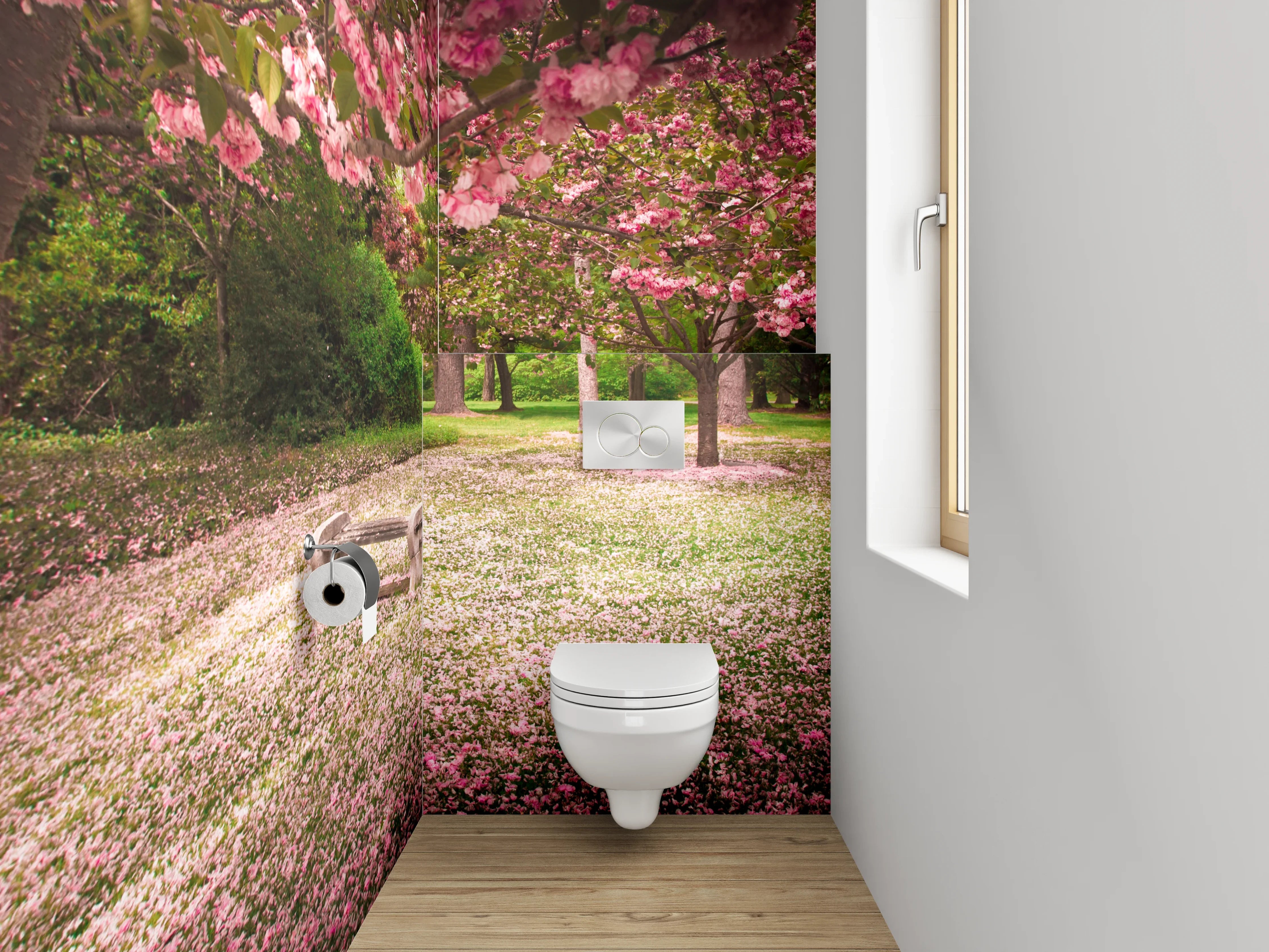 WC-Rückwand - Blühende Kirschbäume im Park