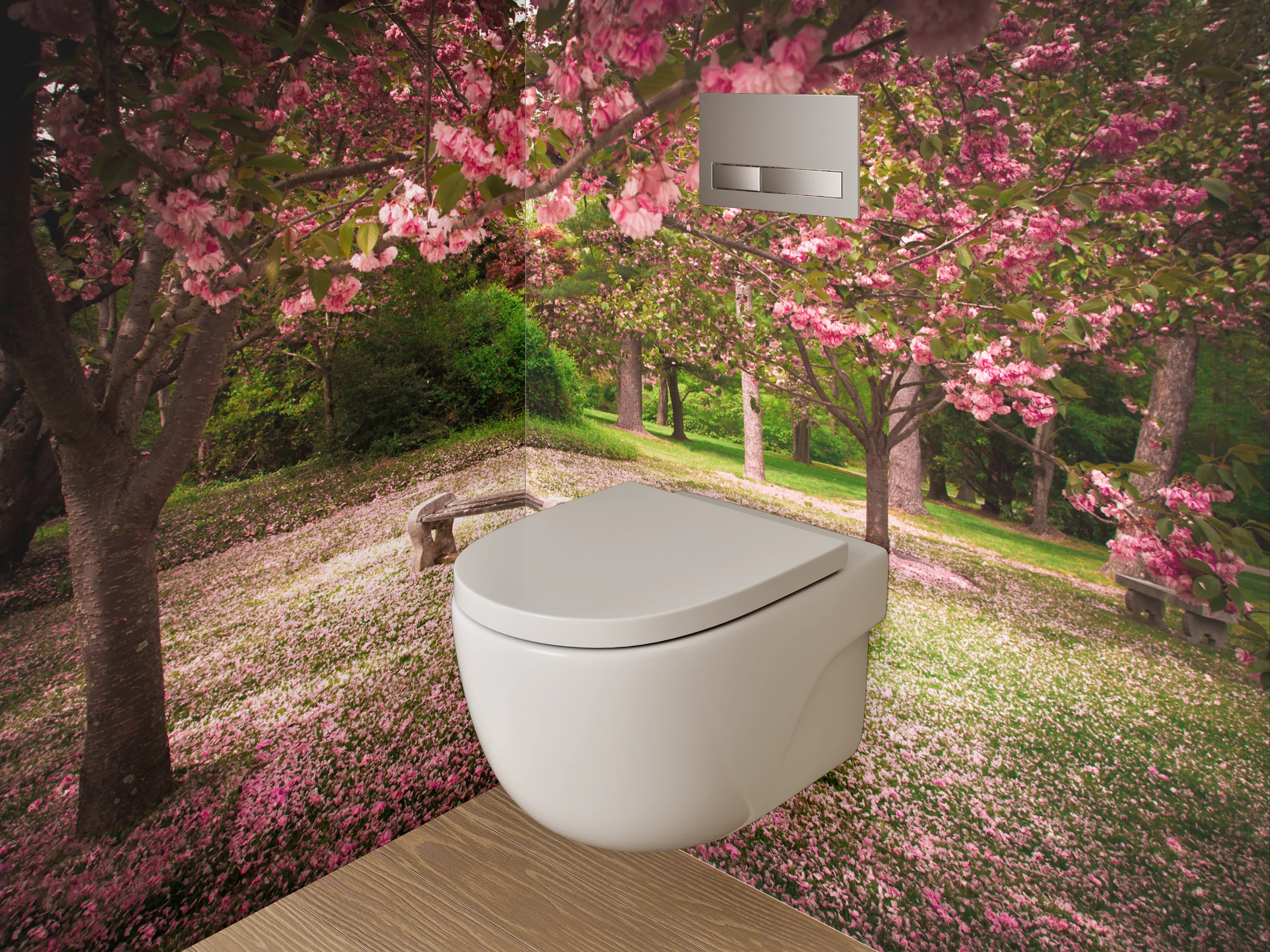 WC-Rückwand - Blühende Kirschbäume im Park