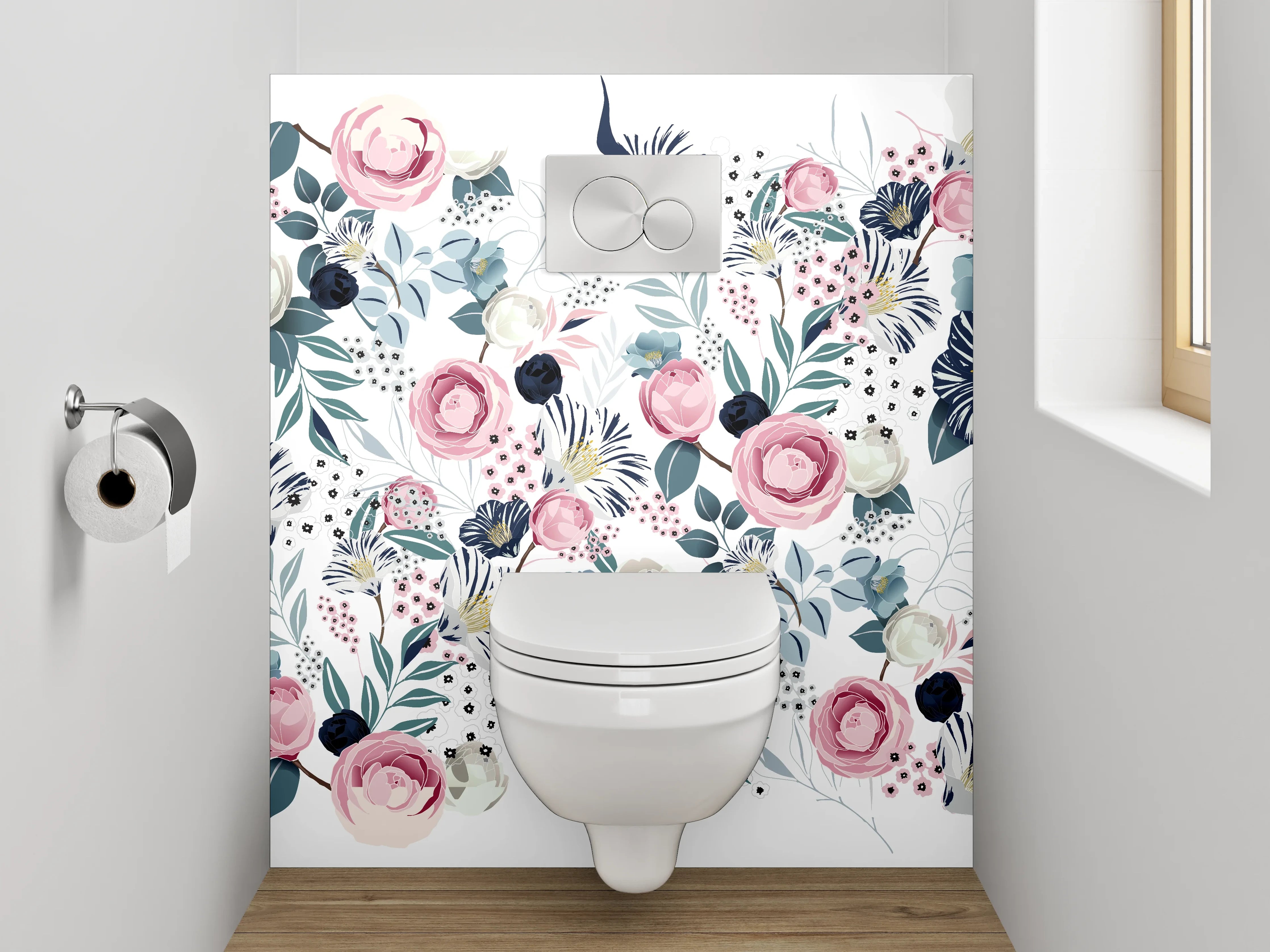 WC-Rückwand - Blumen Aquarell Muster Rosa Blau