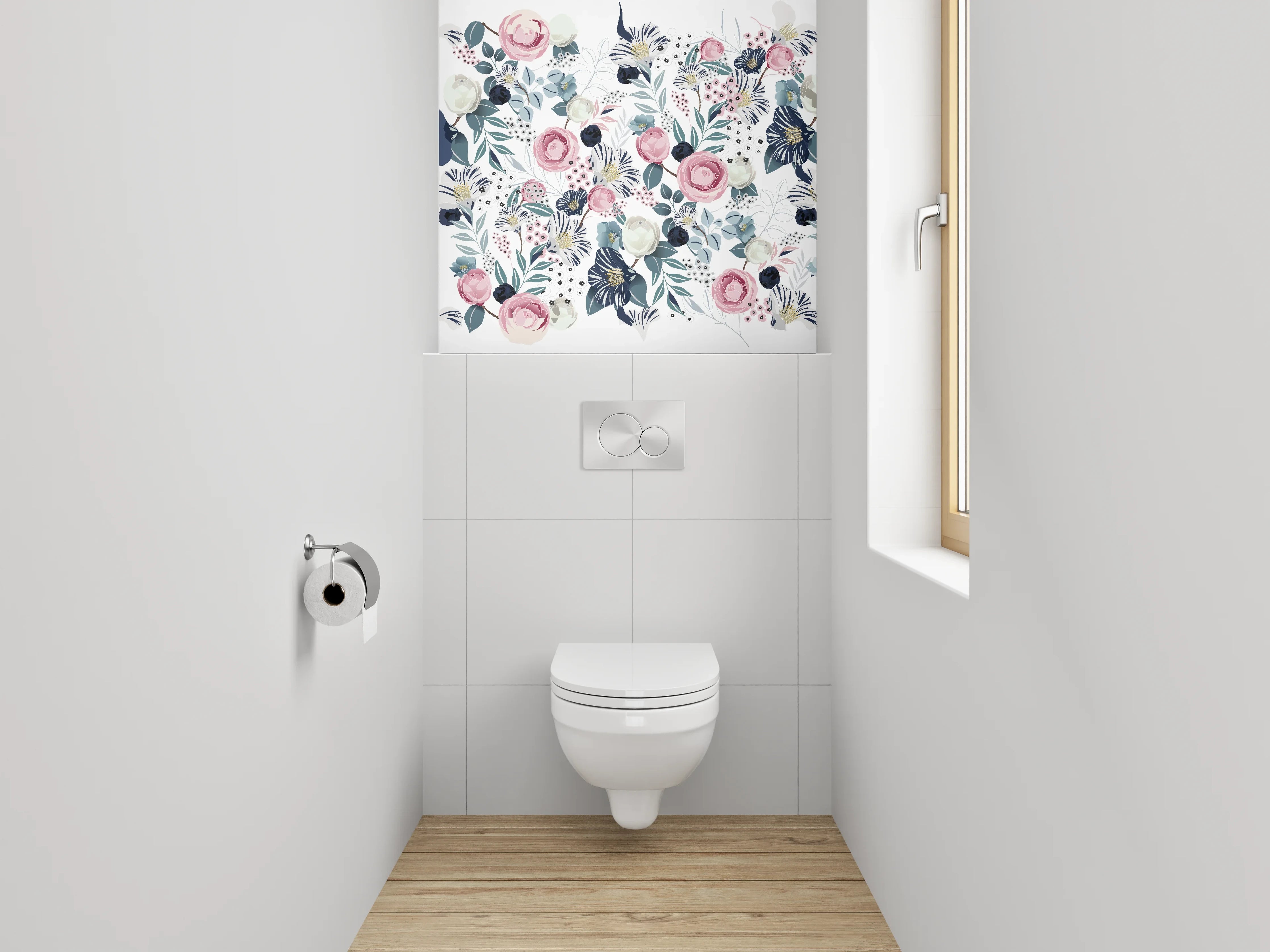 WC-Rückwand - Blumen Aquarell Muster Rosa Blau