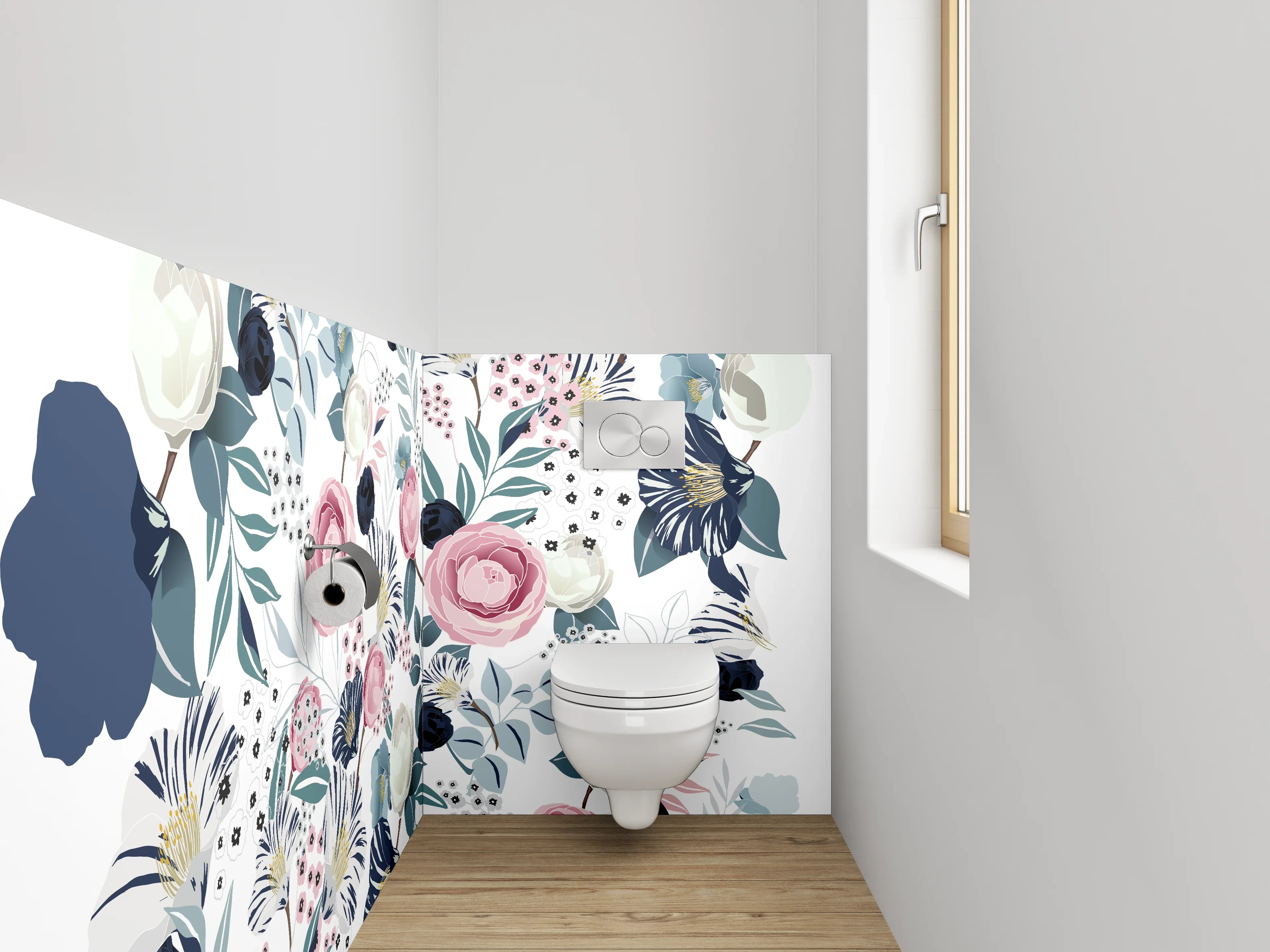 WC-Rückwand - Blumen Aquarell Muster Rosa Blau
