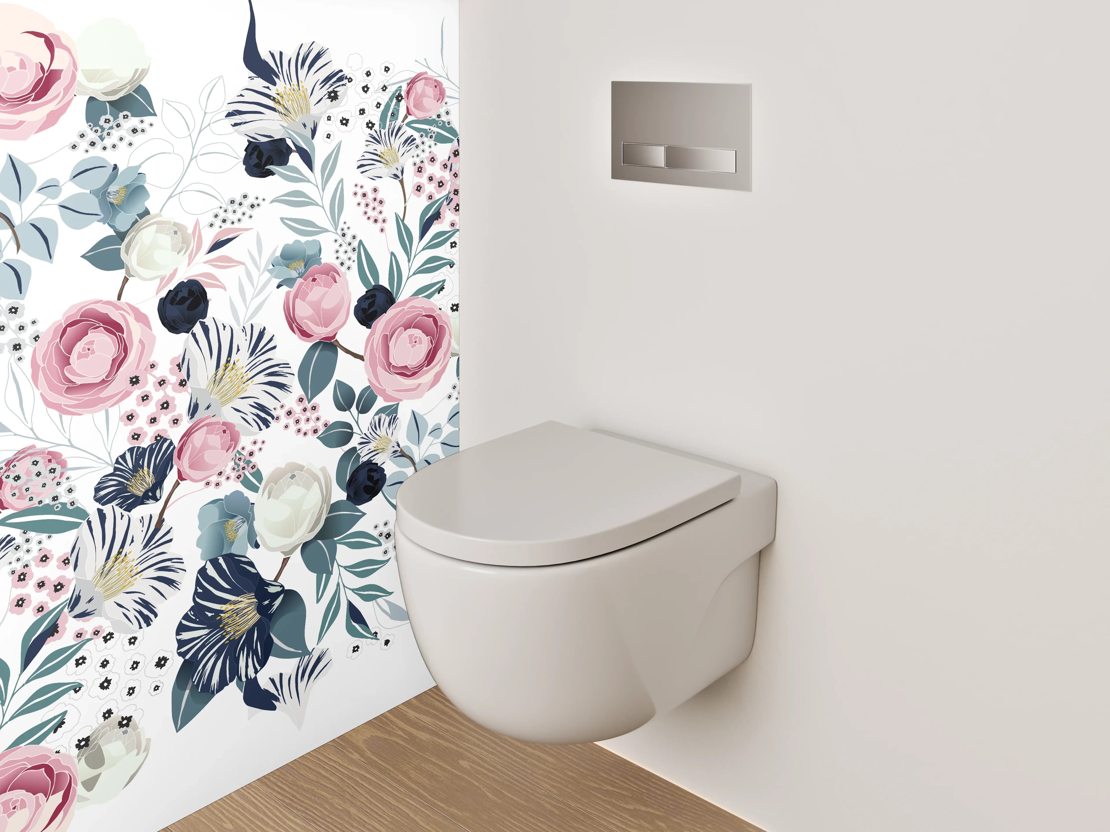 WC-Rückwand - Blumen Aquarell Muster Rosa Blau