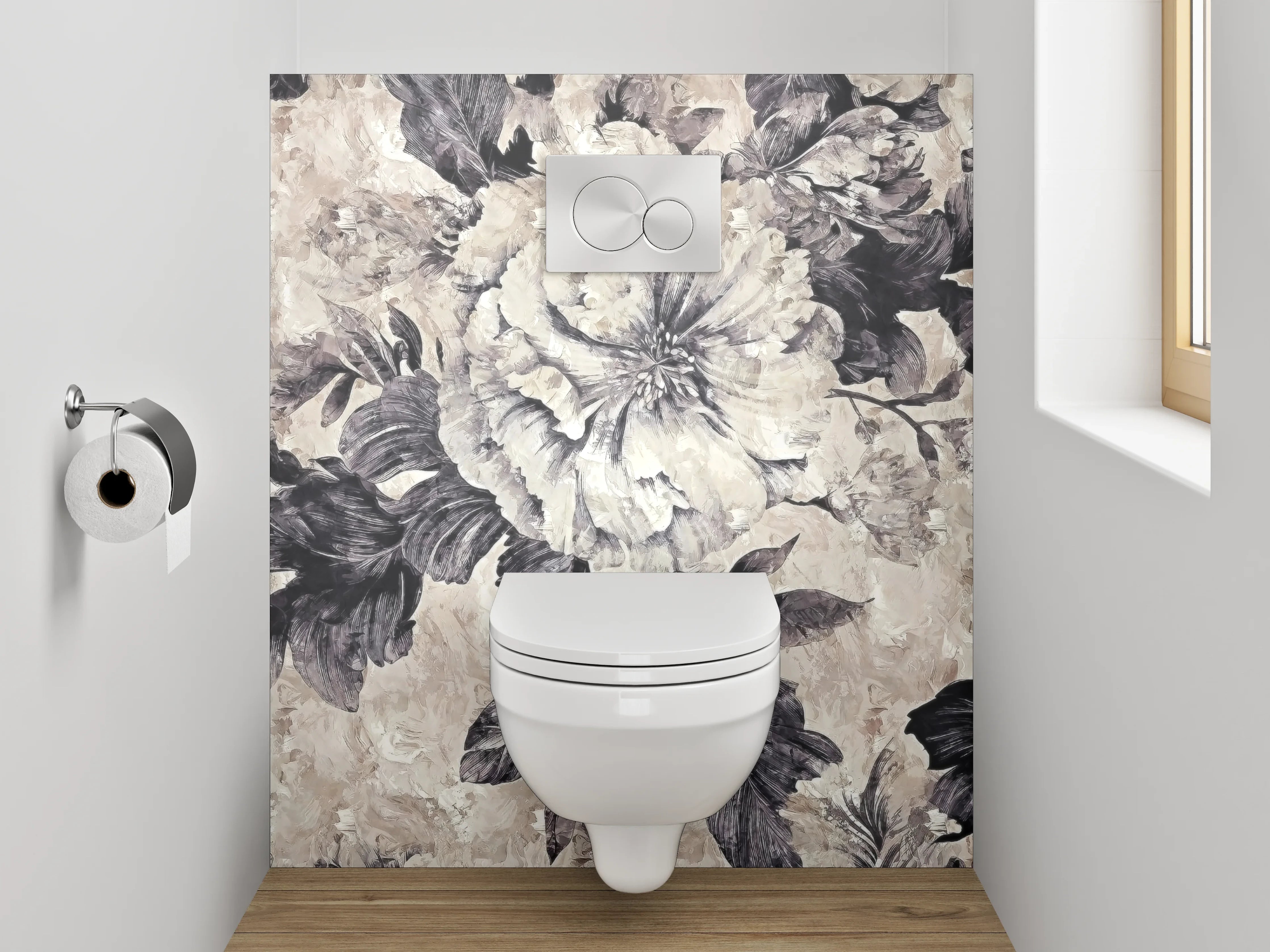 WC-Rückwand - Blumen Aquarell Schwarz-Weiß Beige