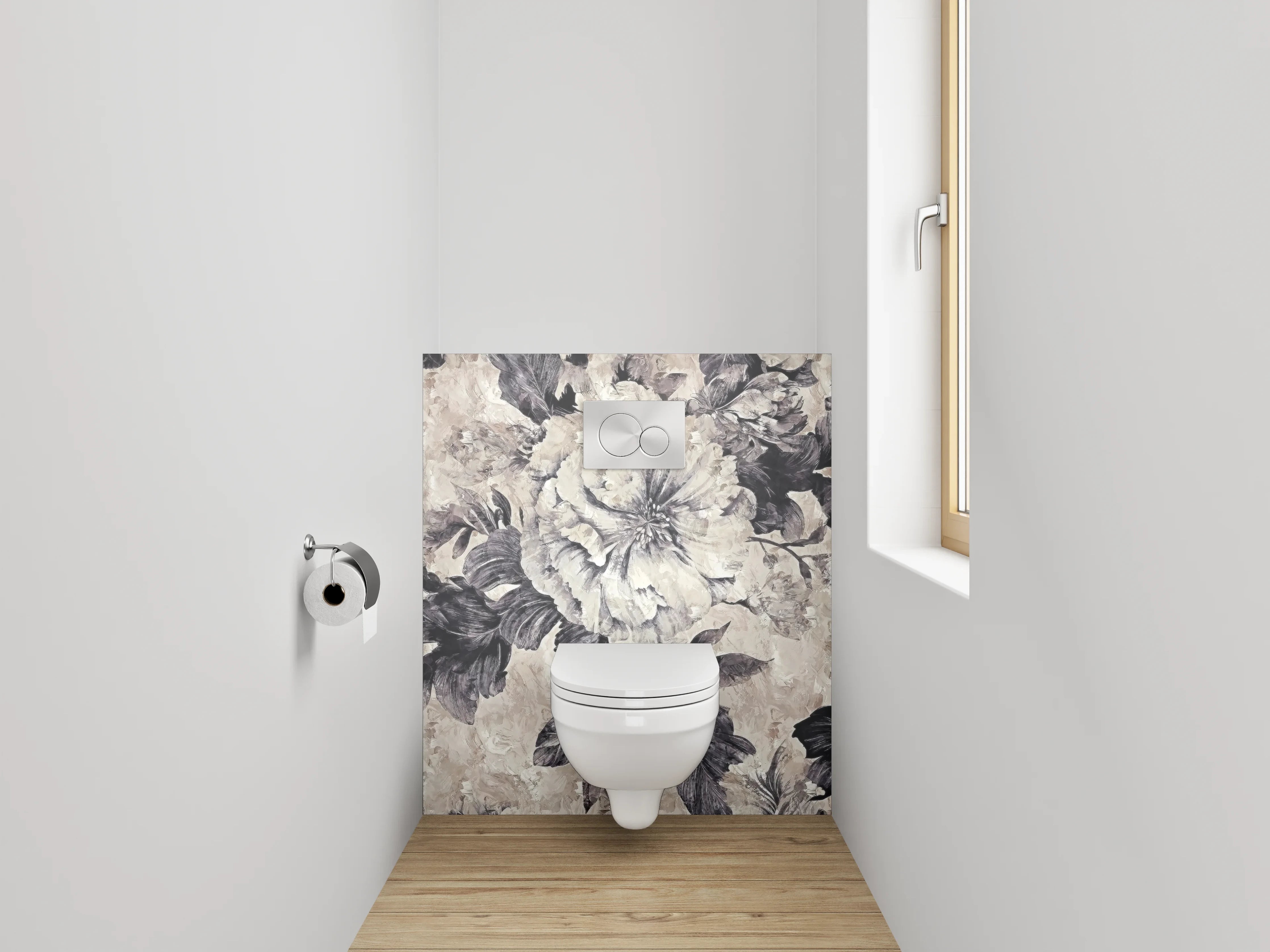 WC-Rückwand - Blumen Aquarell Schwarz-Weiß Beige