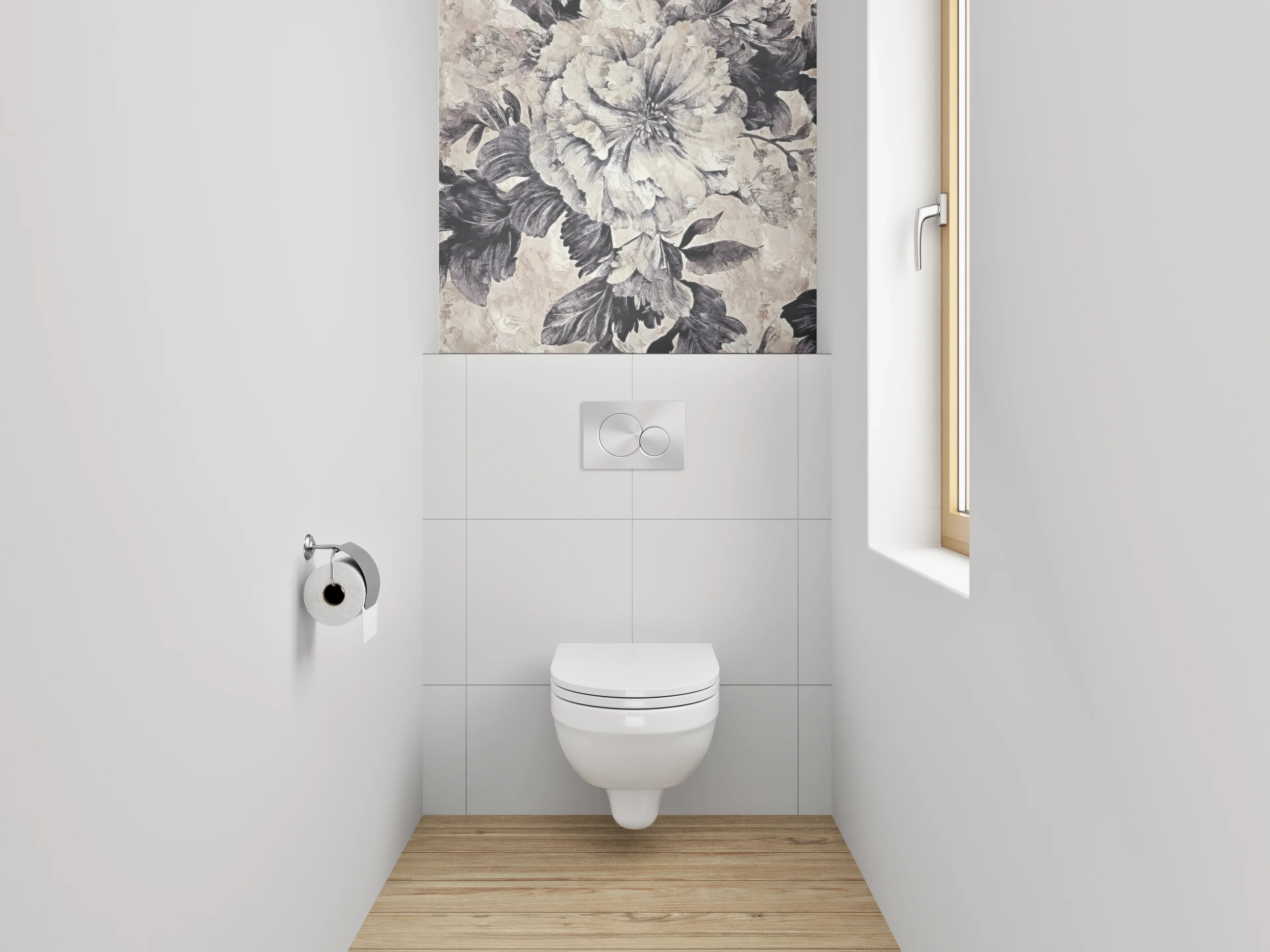 WC-Rückwand - Blumen Aquarell Schwarz-Weiß Beige