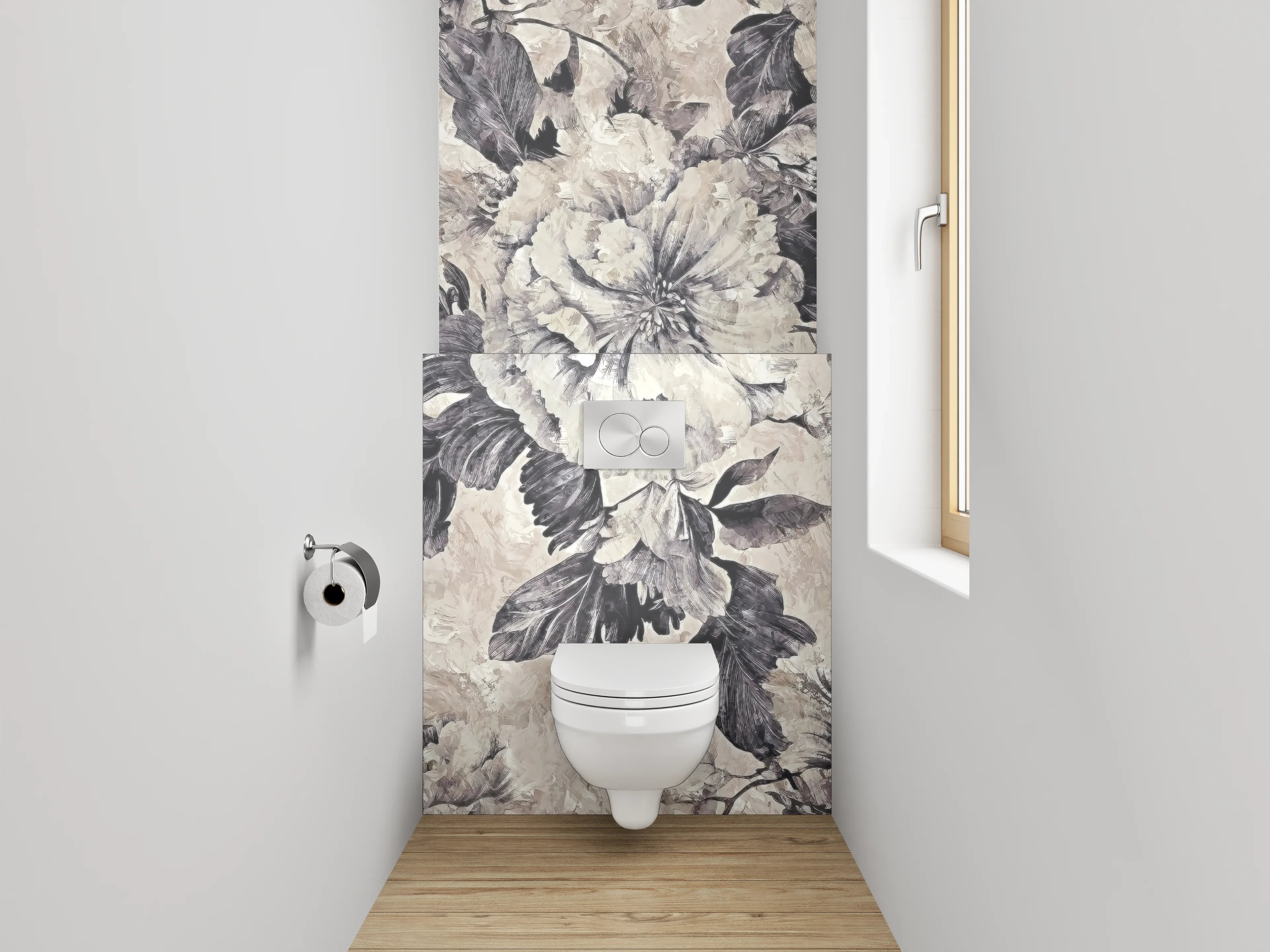 WC-Rückwand - Blumen Aquarell Schwarz-Weiß Beige