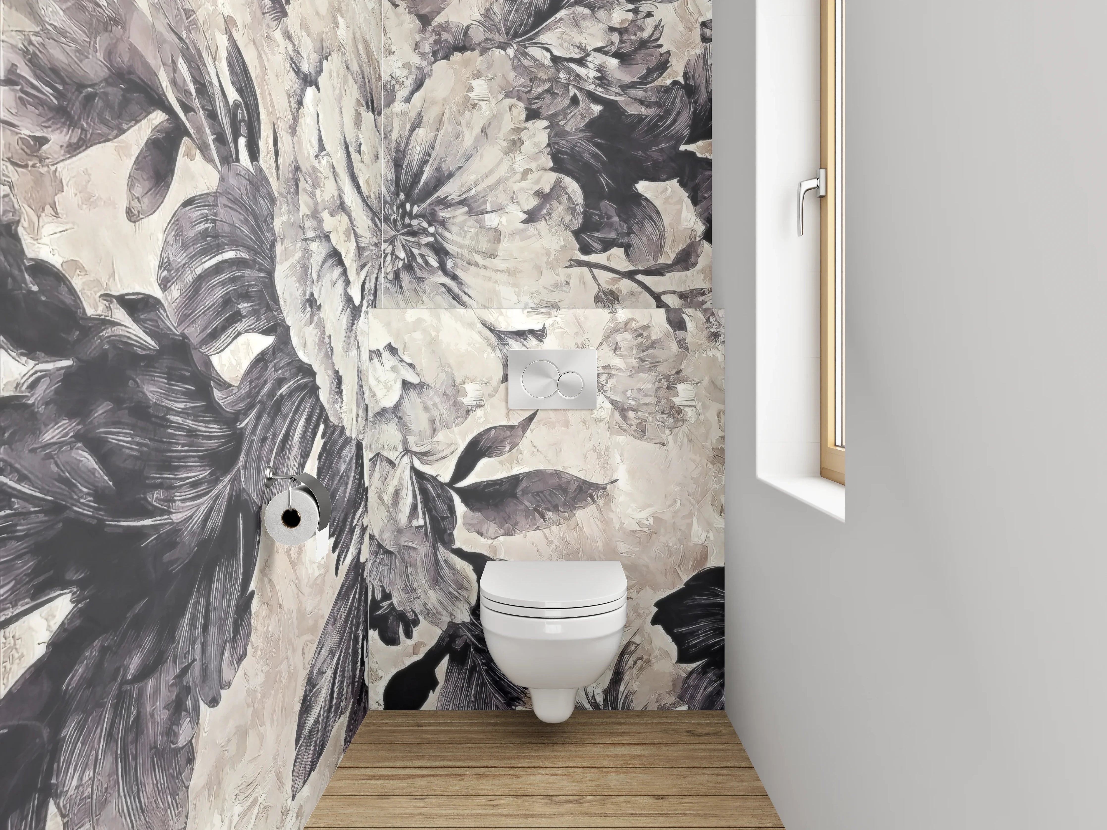 WC-Rückwand - Blumen Aquarell Schwarz-Weiß Beige