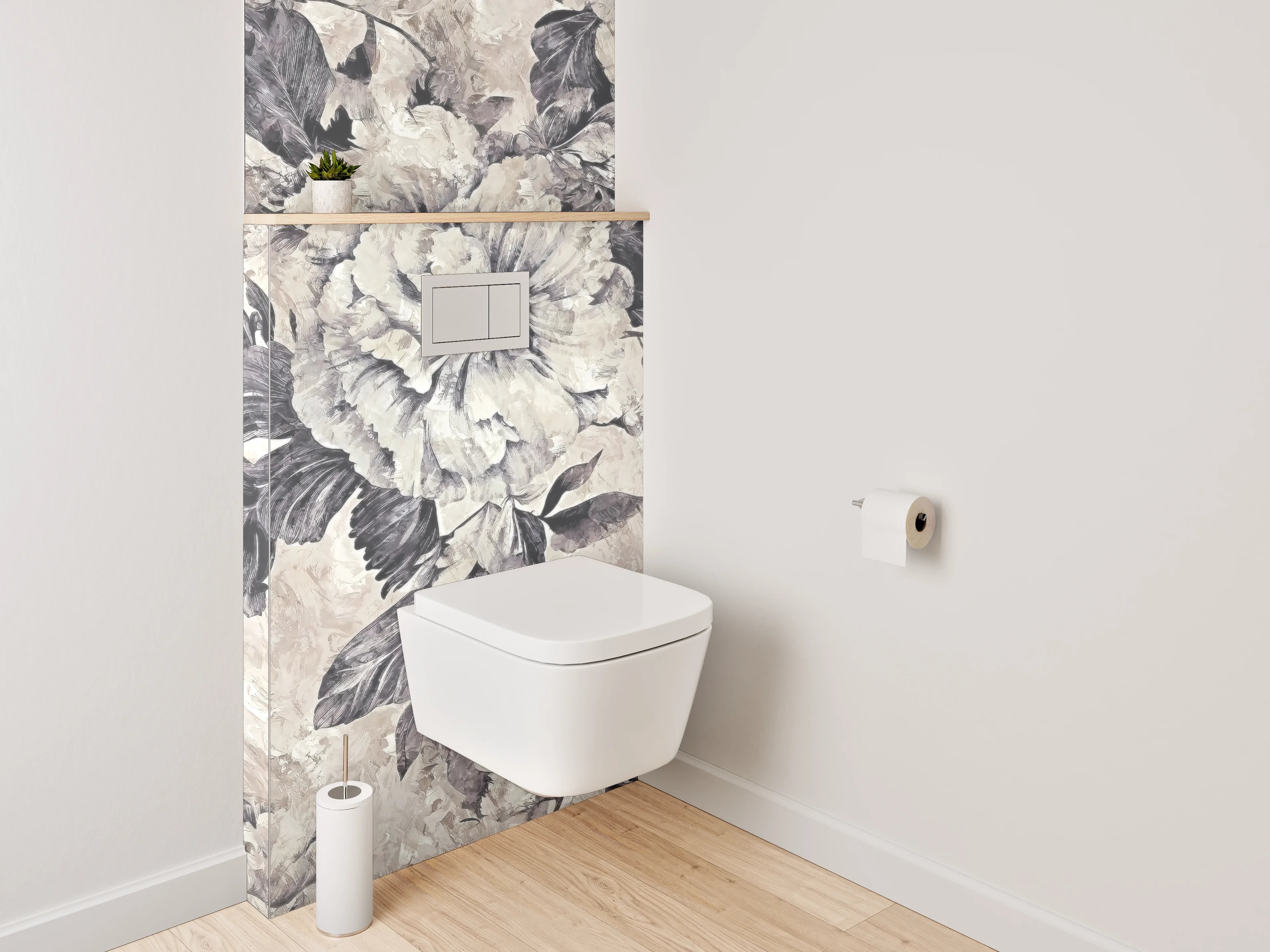 WC-Rückwand - Blumen Aquarell Schwarz-Weiß Beige