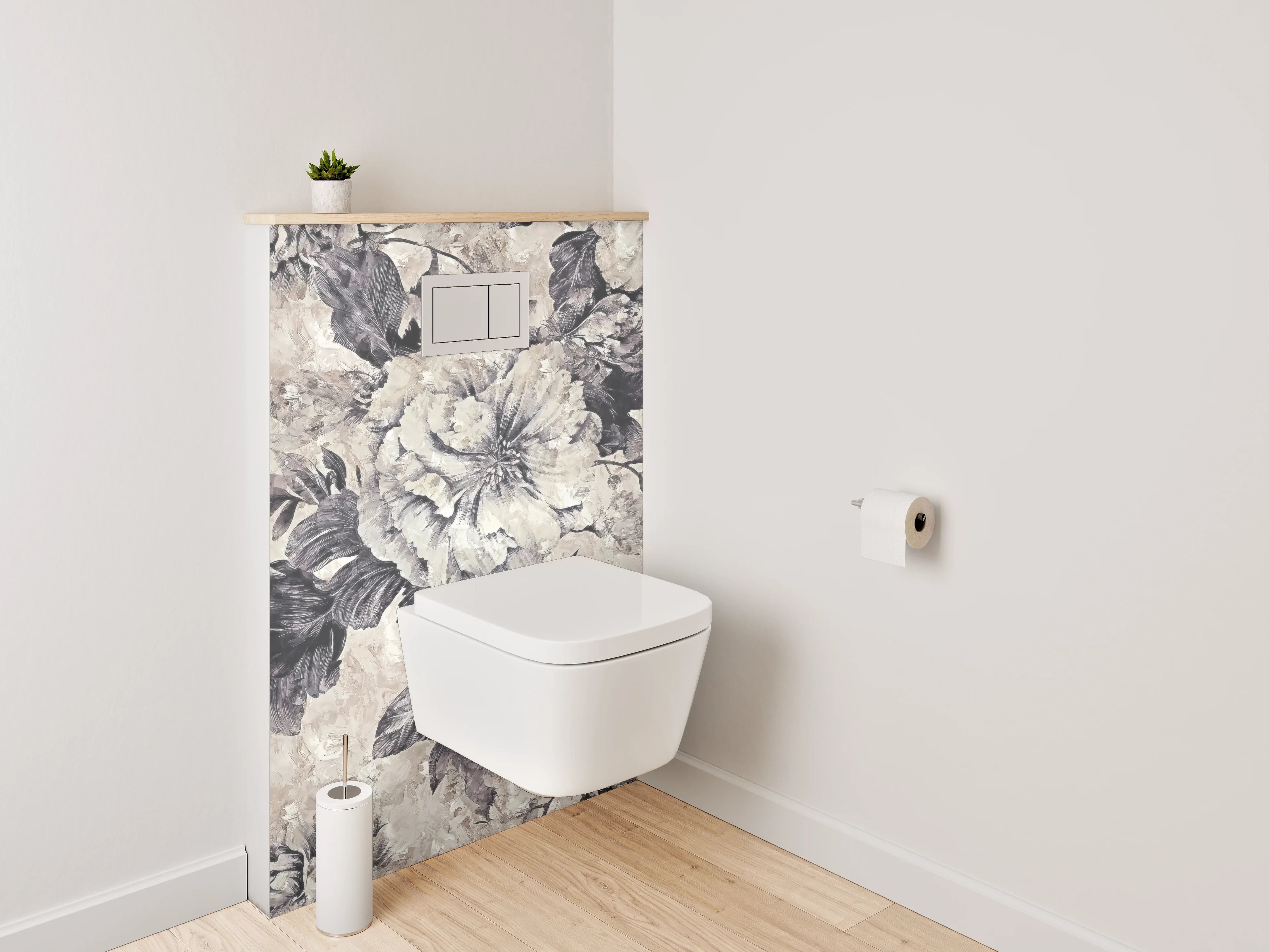 WC-Rückwand - Blumen Aquarell Schwarz-Weiß Beige