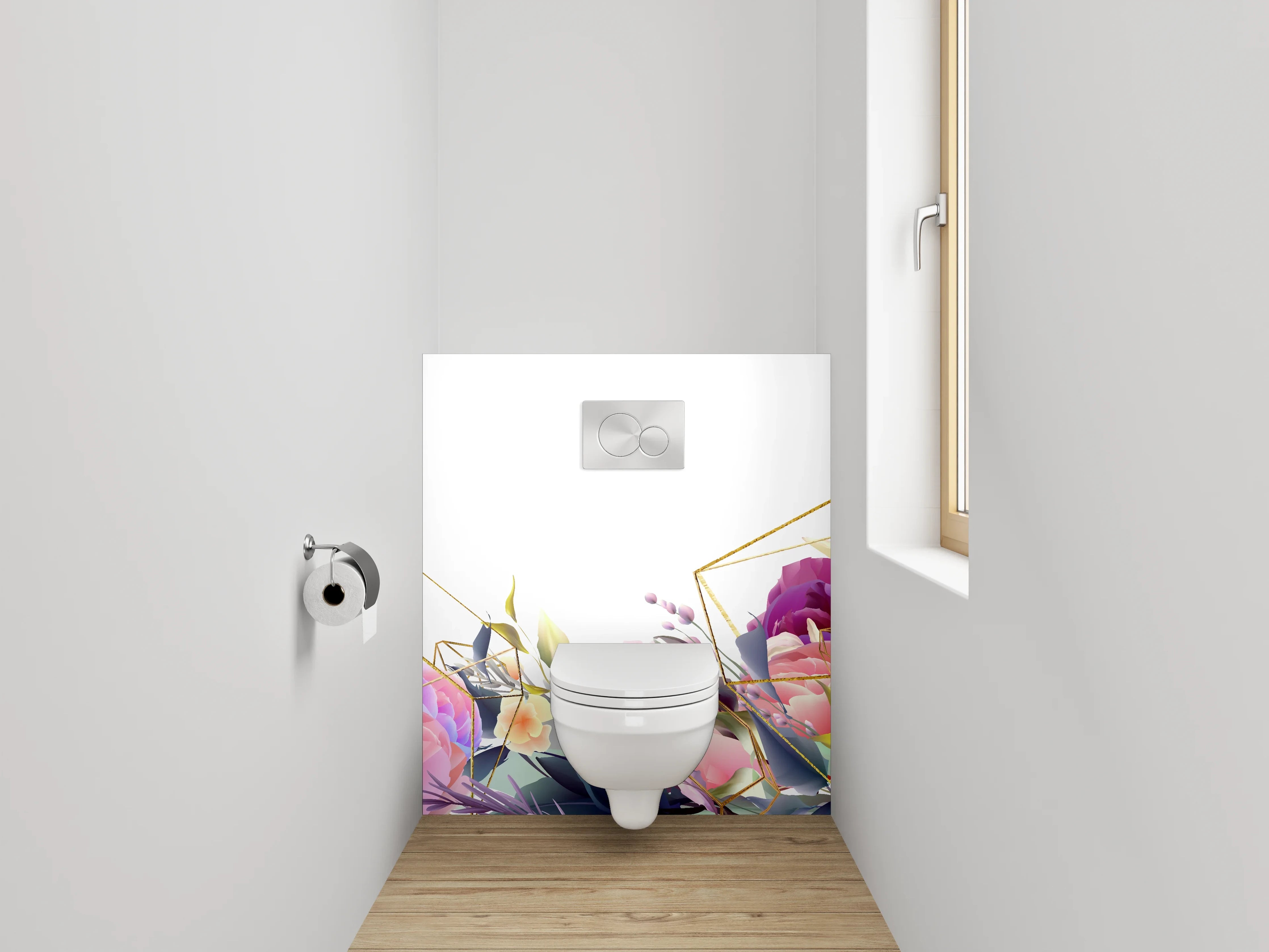 WC-Rückwand - Blumen Aquarell mit Goldgeometrie