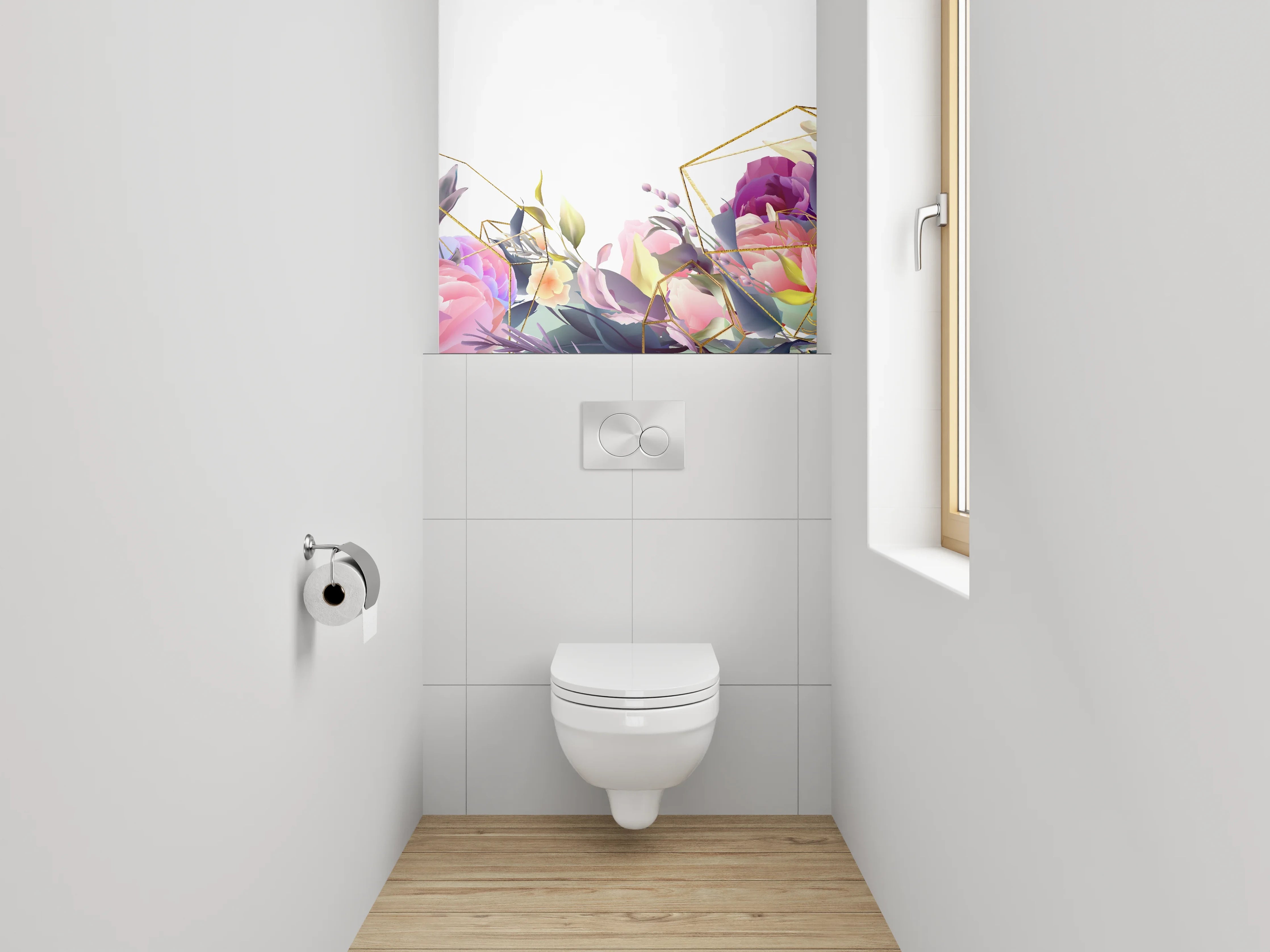 WC-Rückwand - Blumen Aquarell mit Goldgeometrie