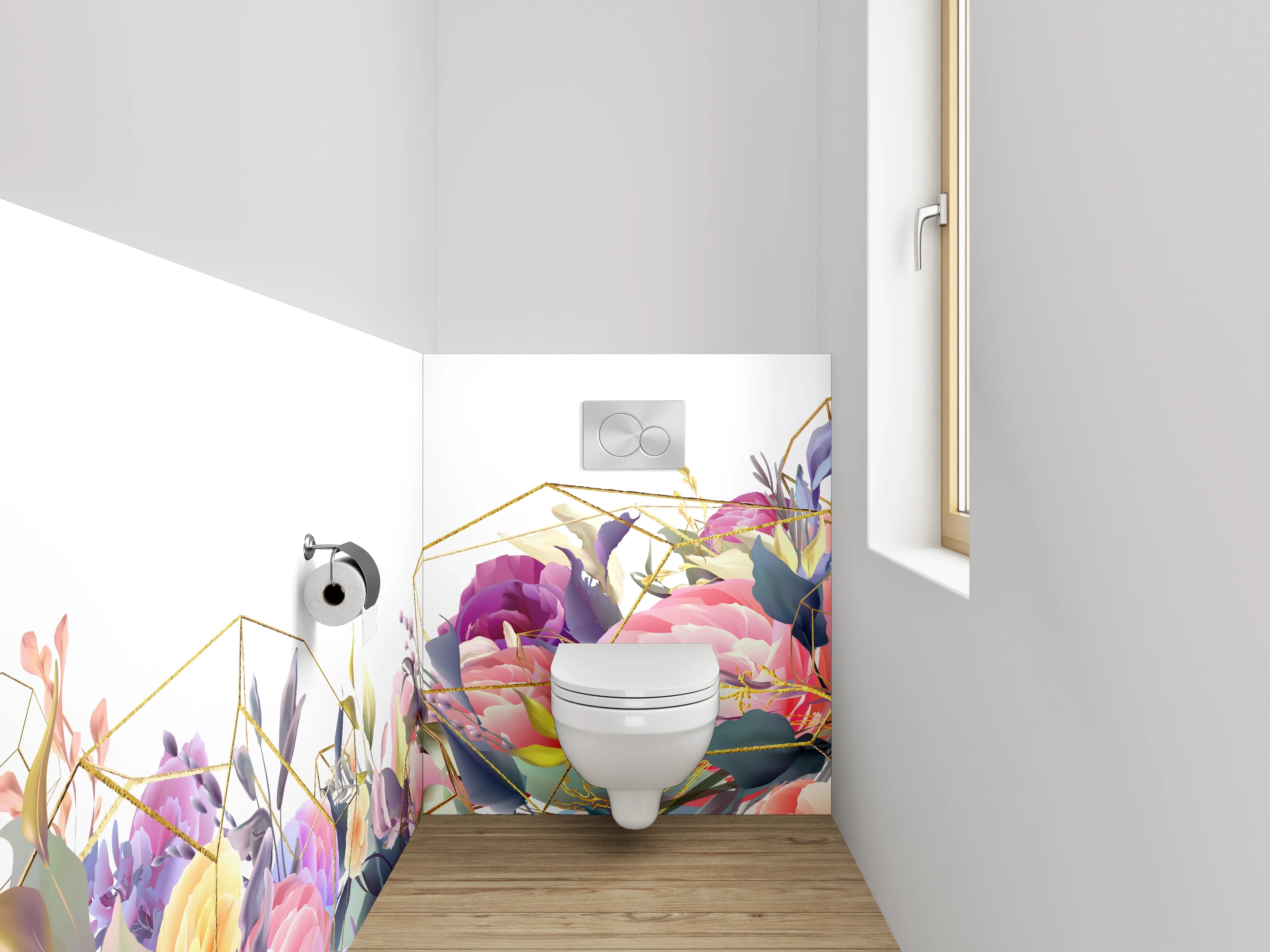 WC-Rückwand - Blumen Aquarell mit Goldgeometrie