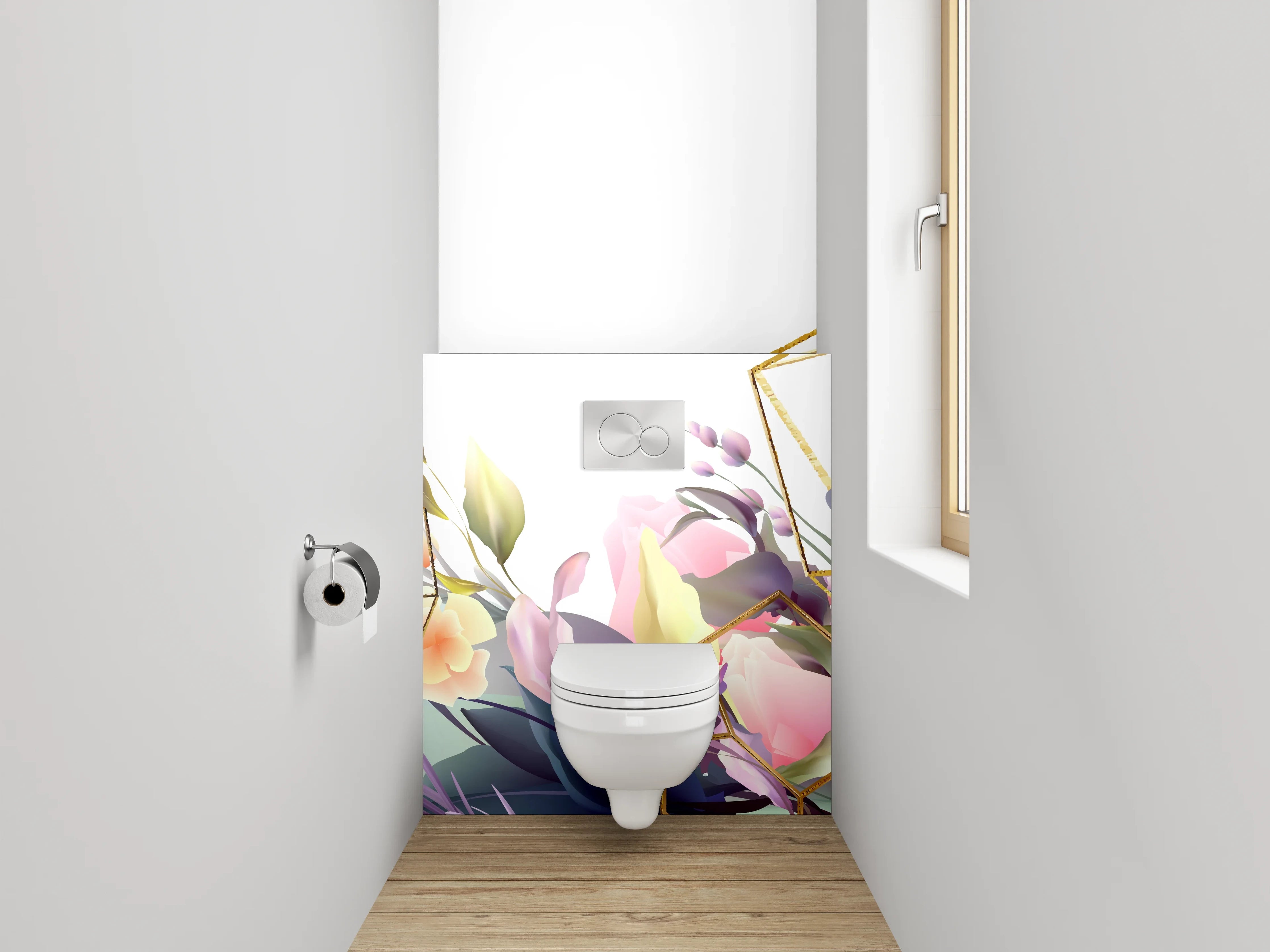 WC-Rückwand - Blumen Aquarell mit Goldgeometrie