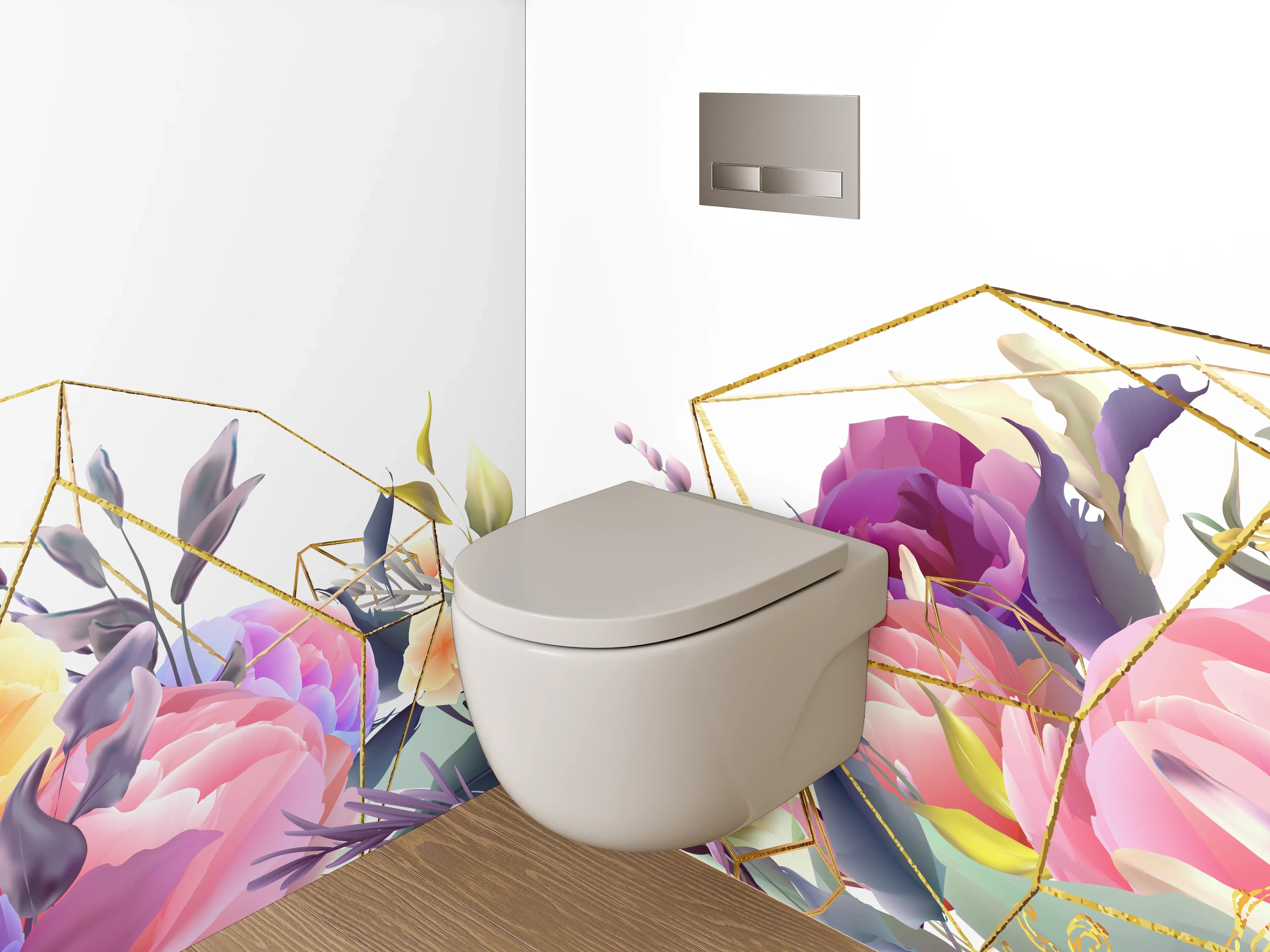 WC-Rückwand - Blumen Aquarell mit Goldgeometrie