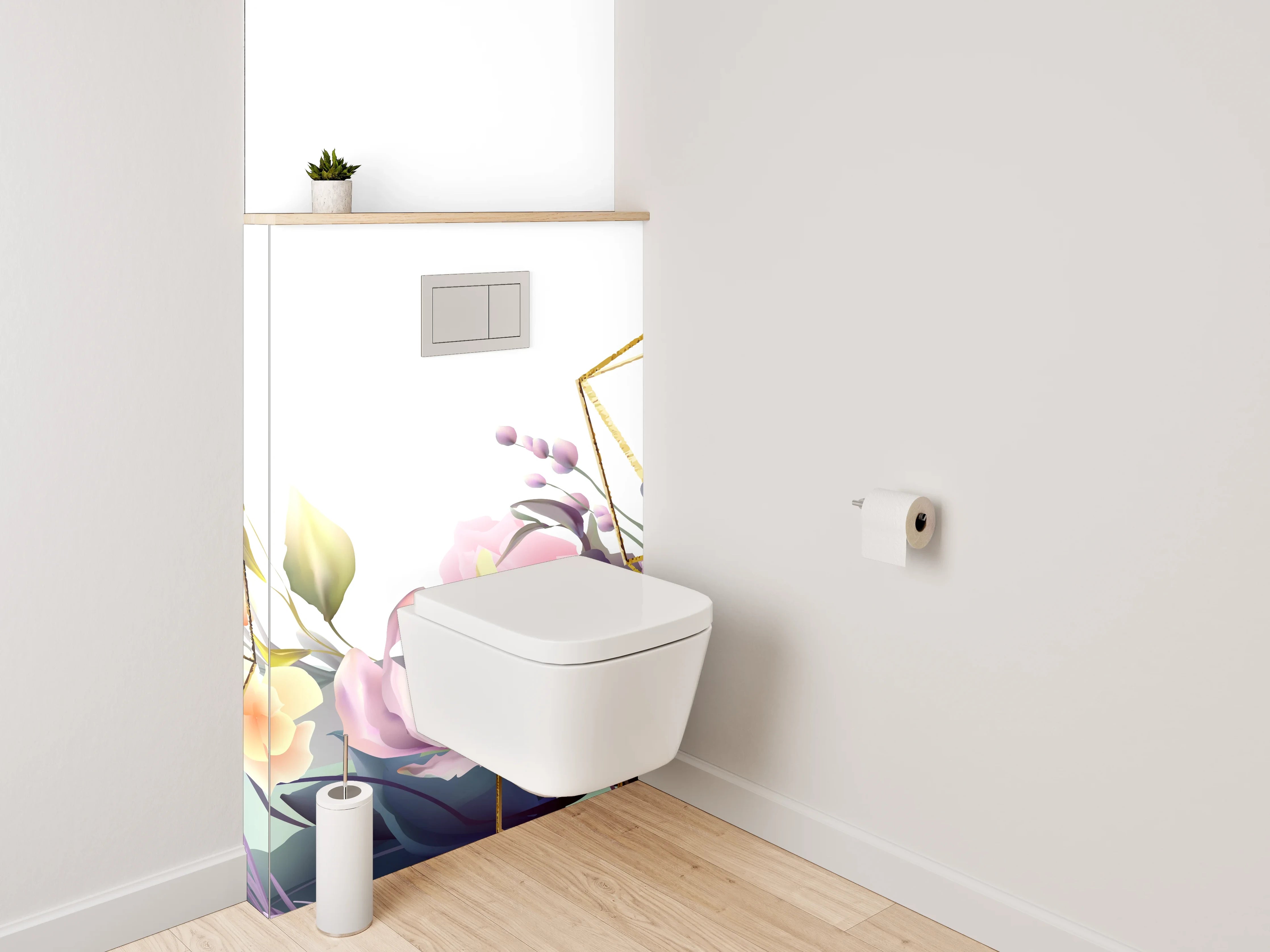 WC-Rückwand - Blumen Aquarell mit Goldgeometrie
