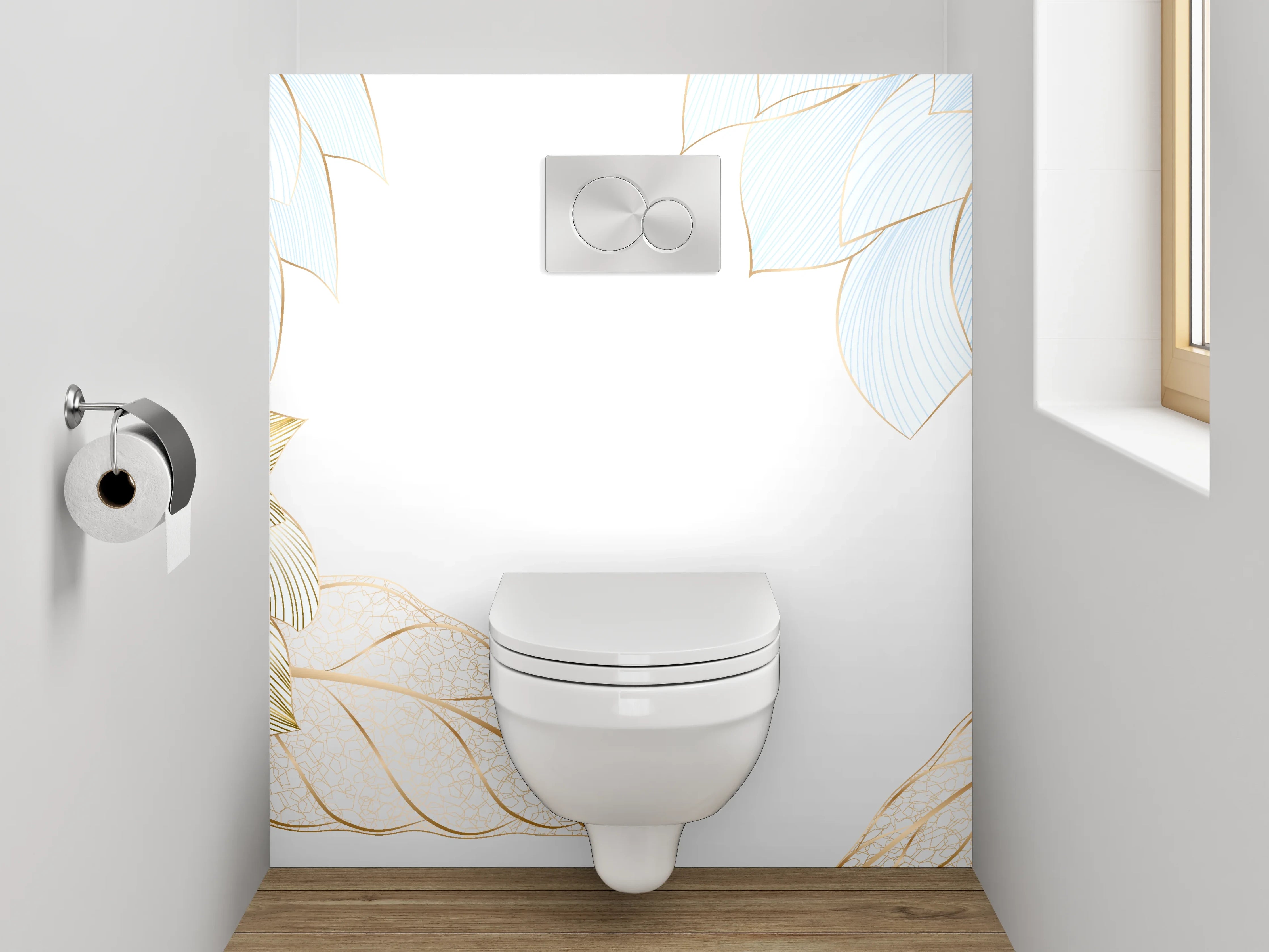 WC-Rückwand - Blumen Skizze Gold Blau Elegant