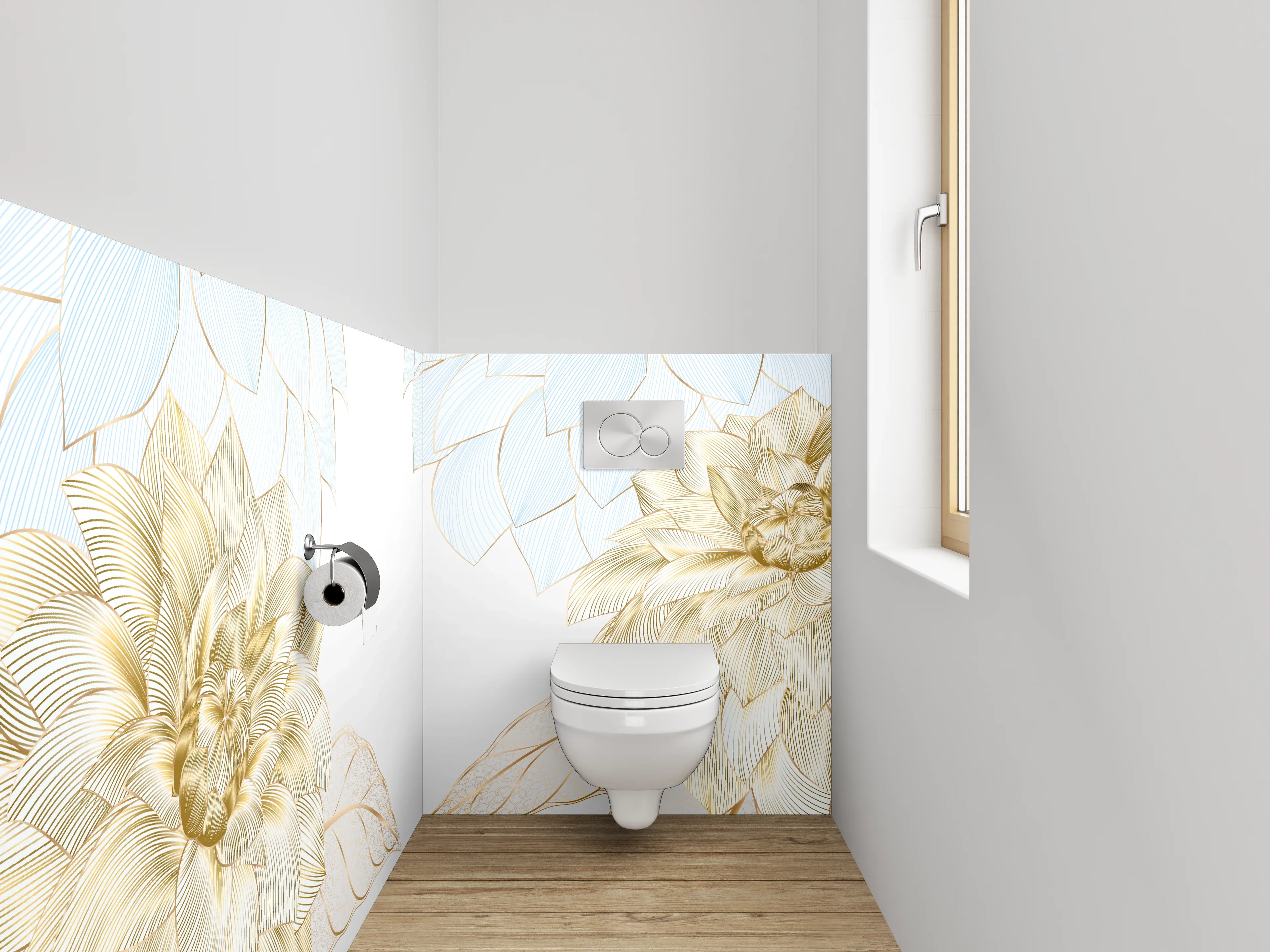 WC-Rückwand - Blumen Skizze Gold Blau Elegant