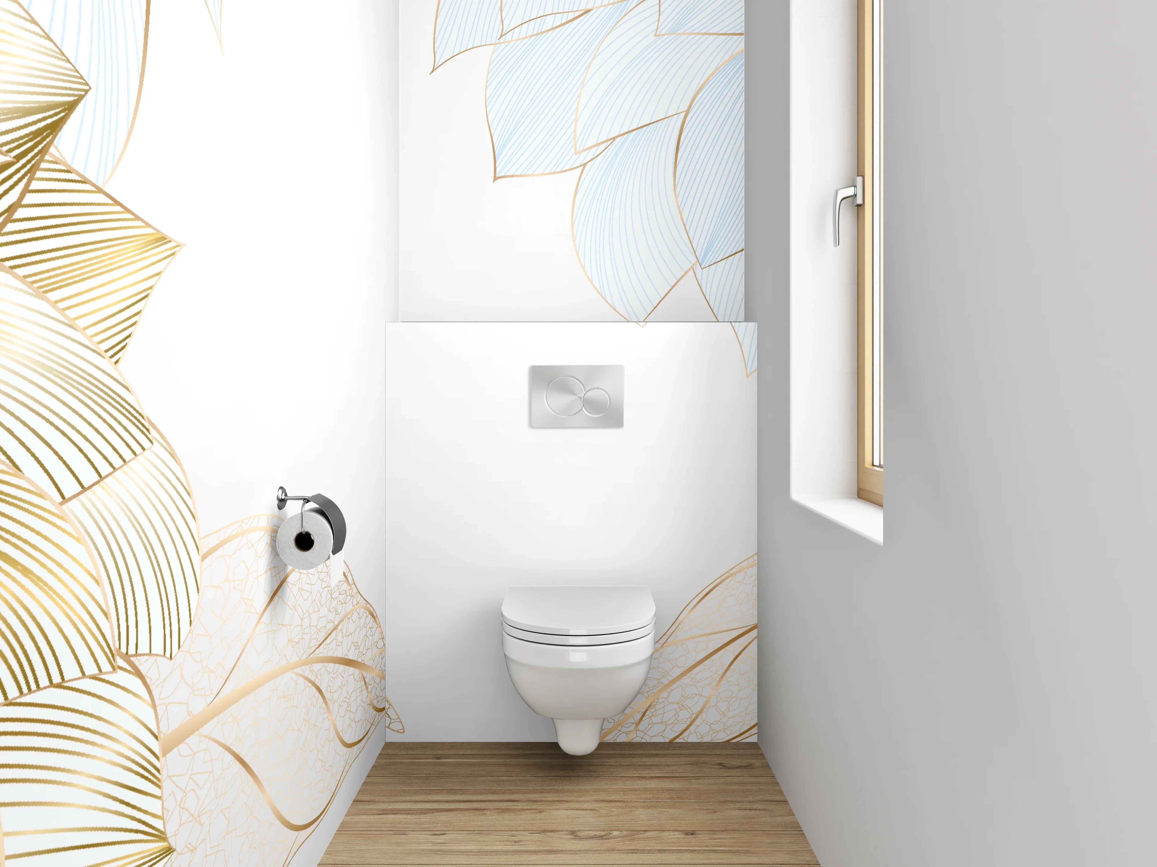 WC-Rückwand - Blumen Skizze Gold Blau Elegant