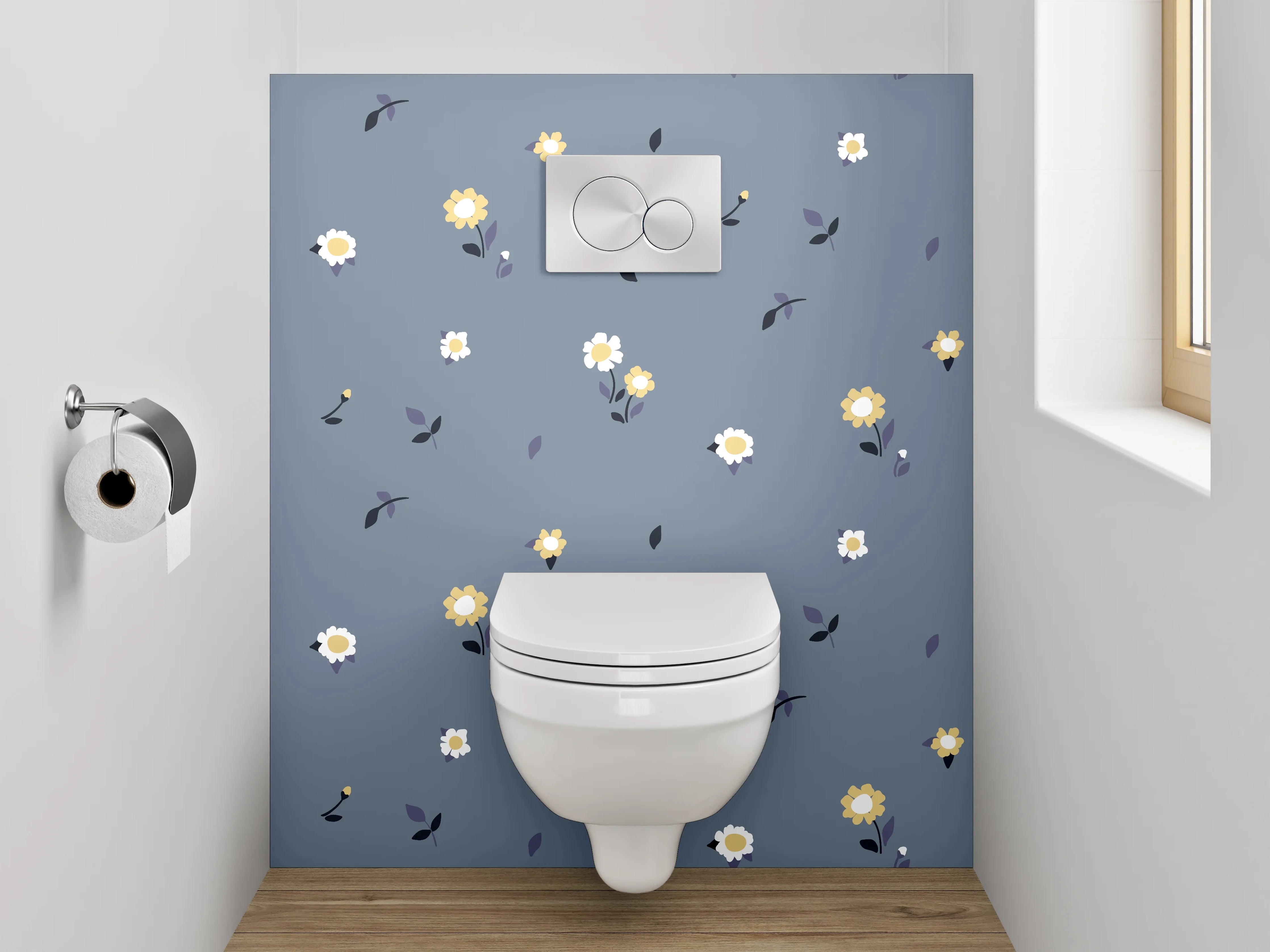WC-Rückwand - Blumenmuster Grau Blau Modern