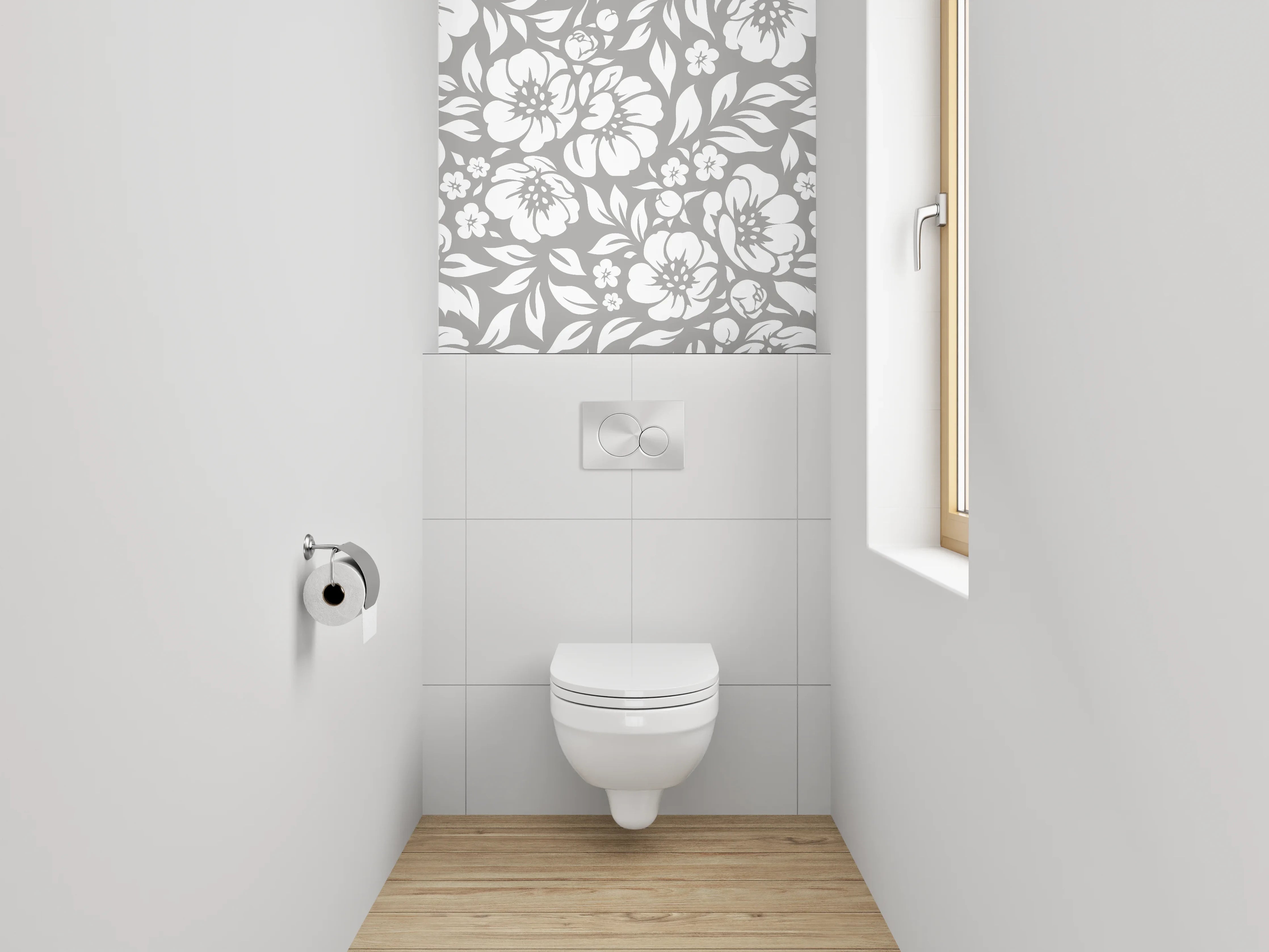WC-Rückwand - Blumenmuster Grau-Weiß Tapete