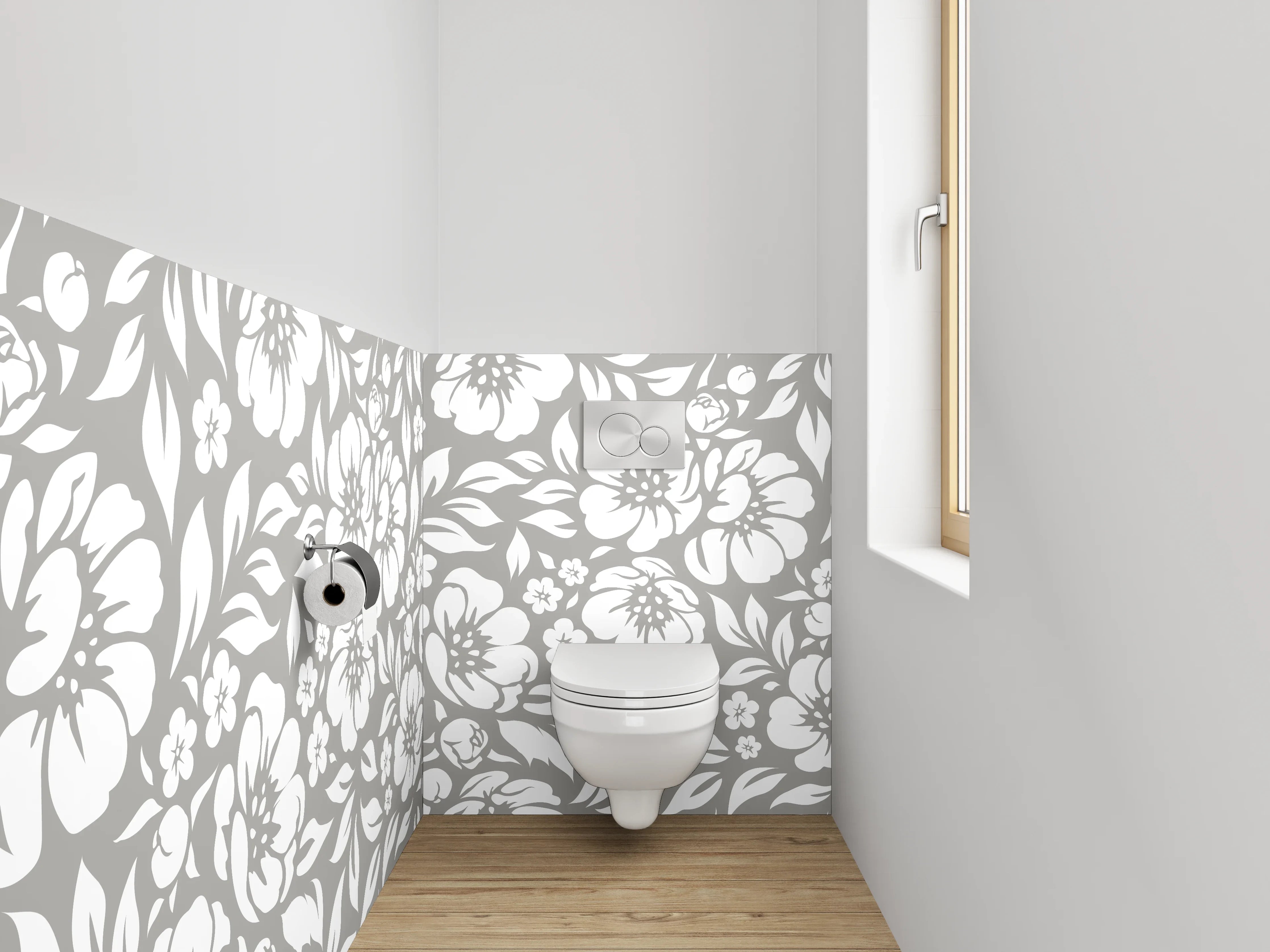 WC-Rückwand - Blumenmuster Grau-Weiß Tapete
