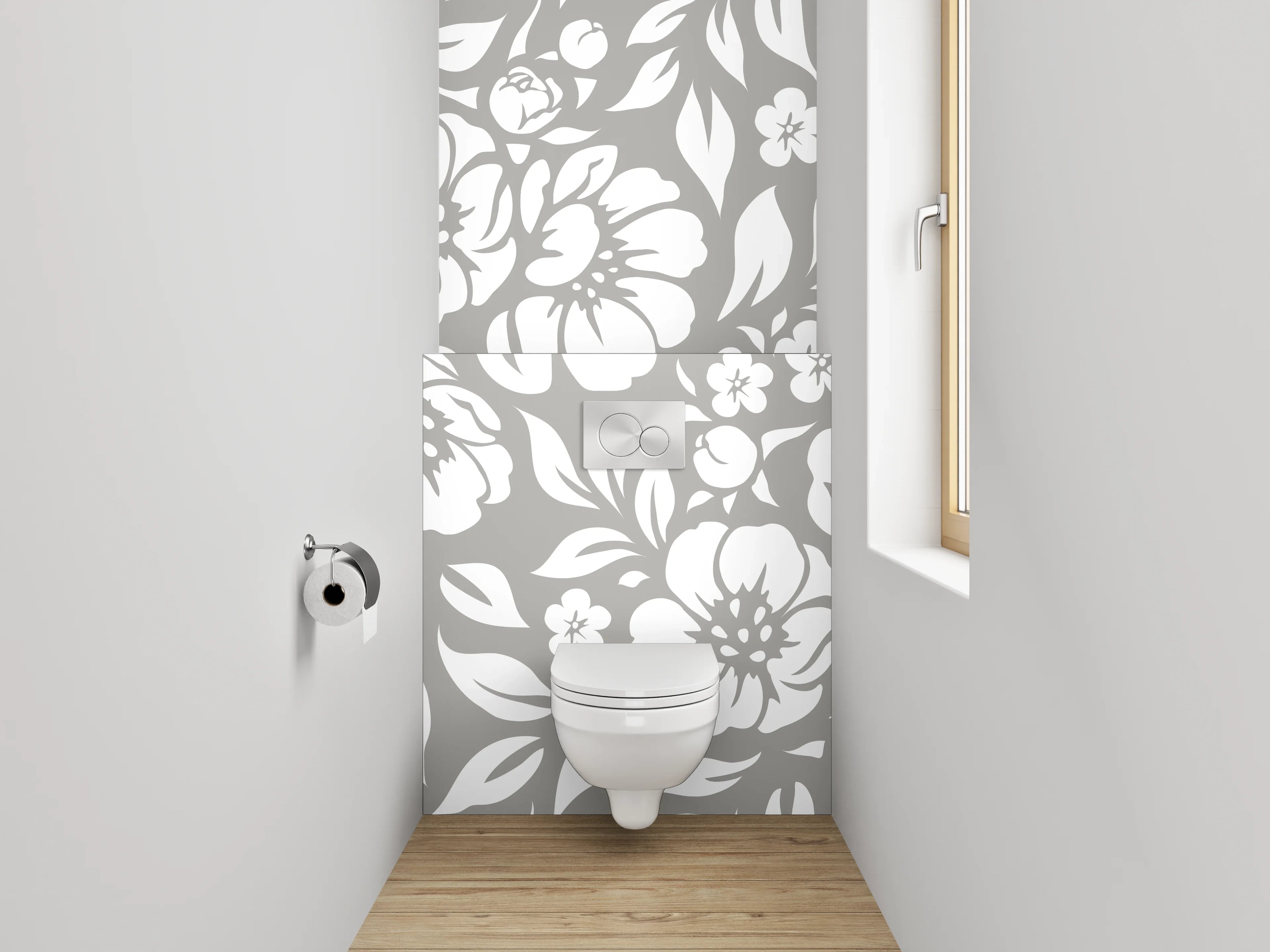 WC-Rückwand - Blumenmuster Grau-Weiß Tapete