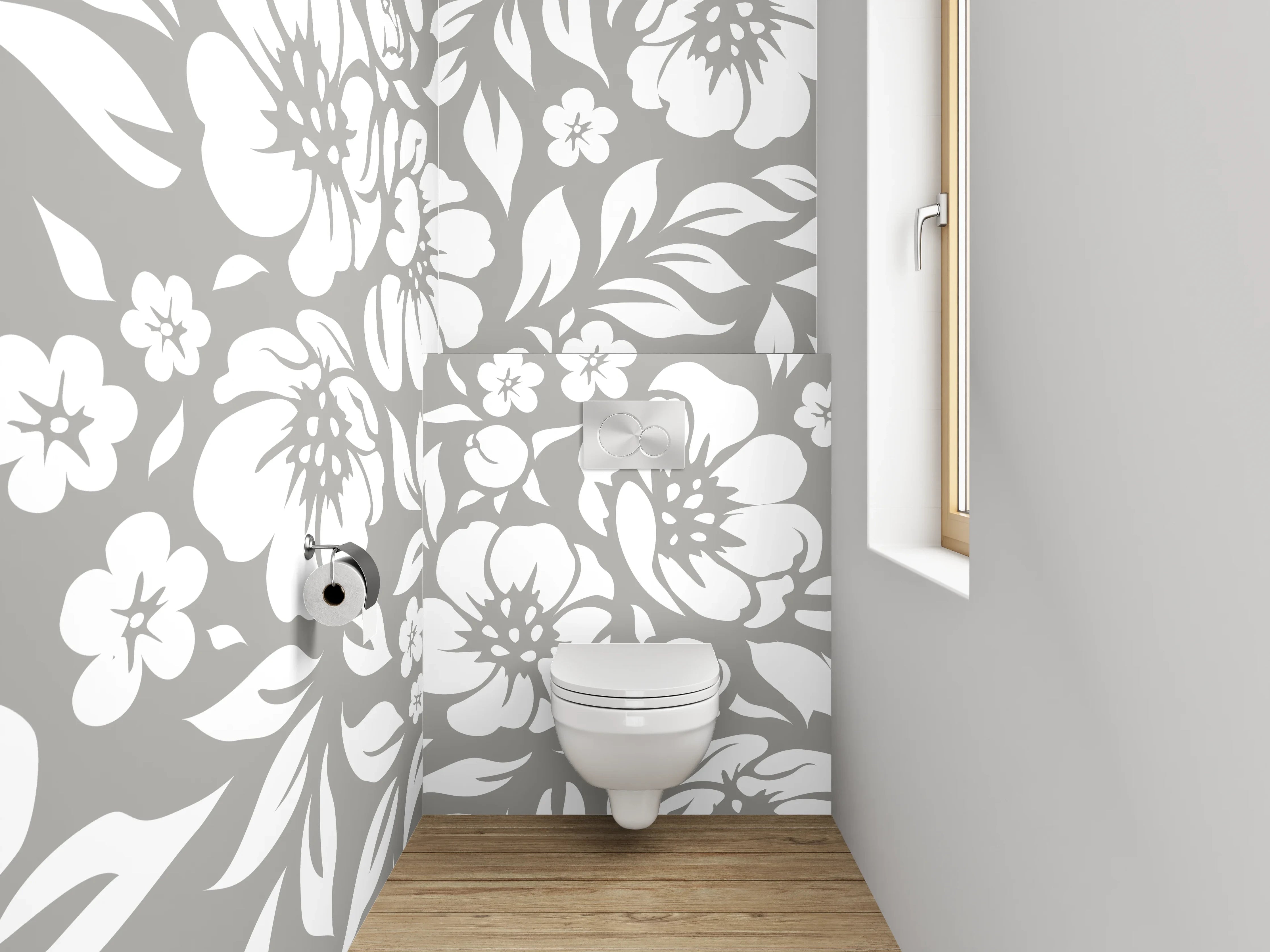 WC-Rückwand - Blumenmuster Grau-Weiß Tapete