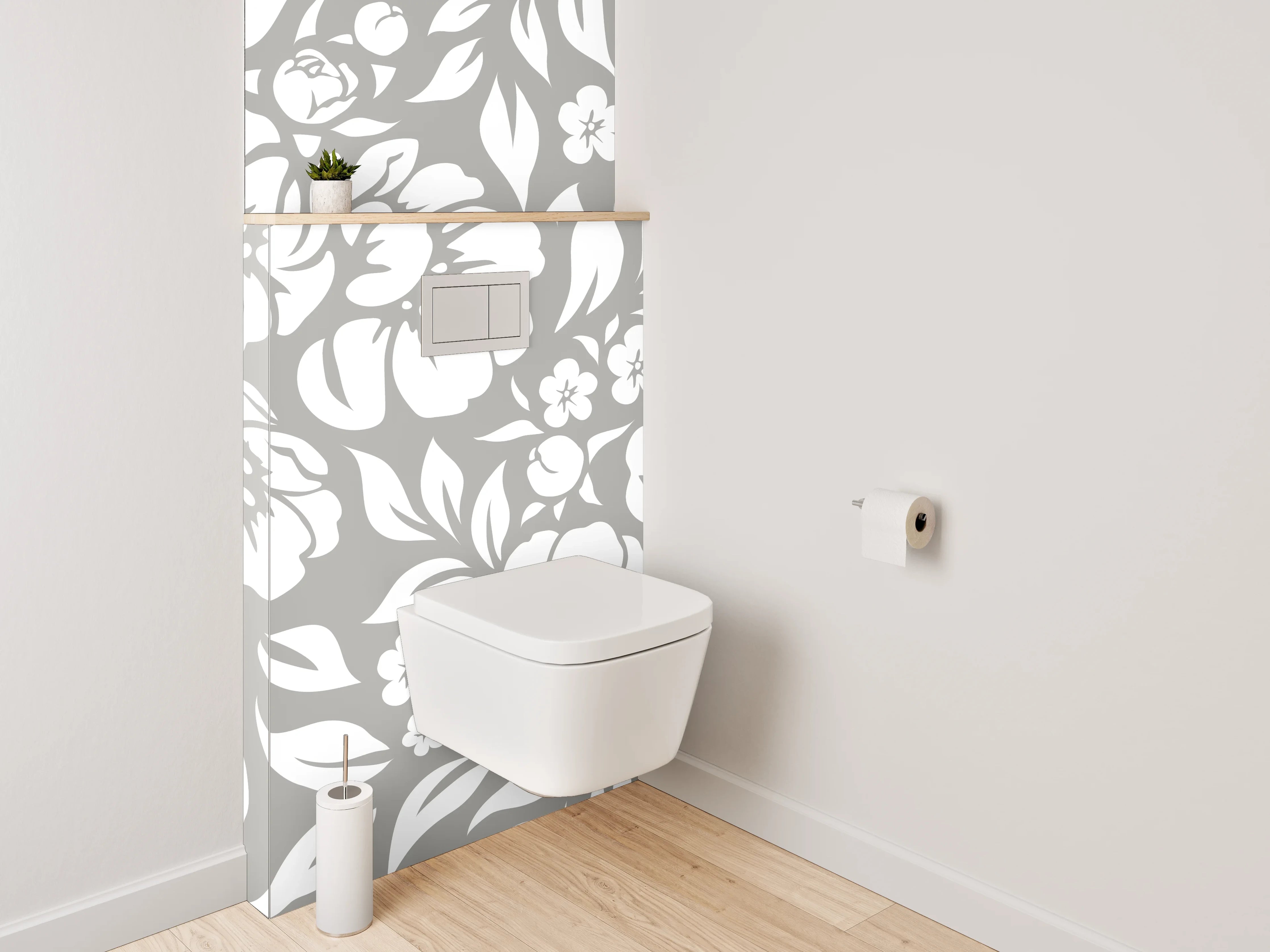 WC-Rückwand - Blumenmuster Grau-Weiß Tapete