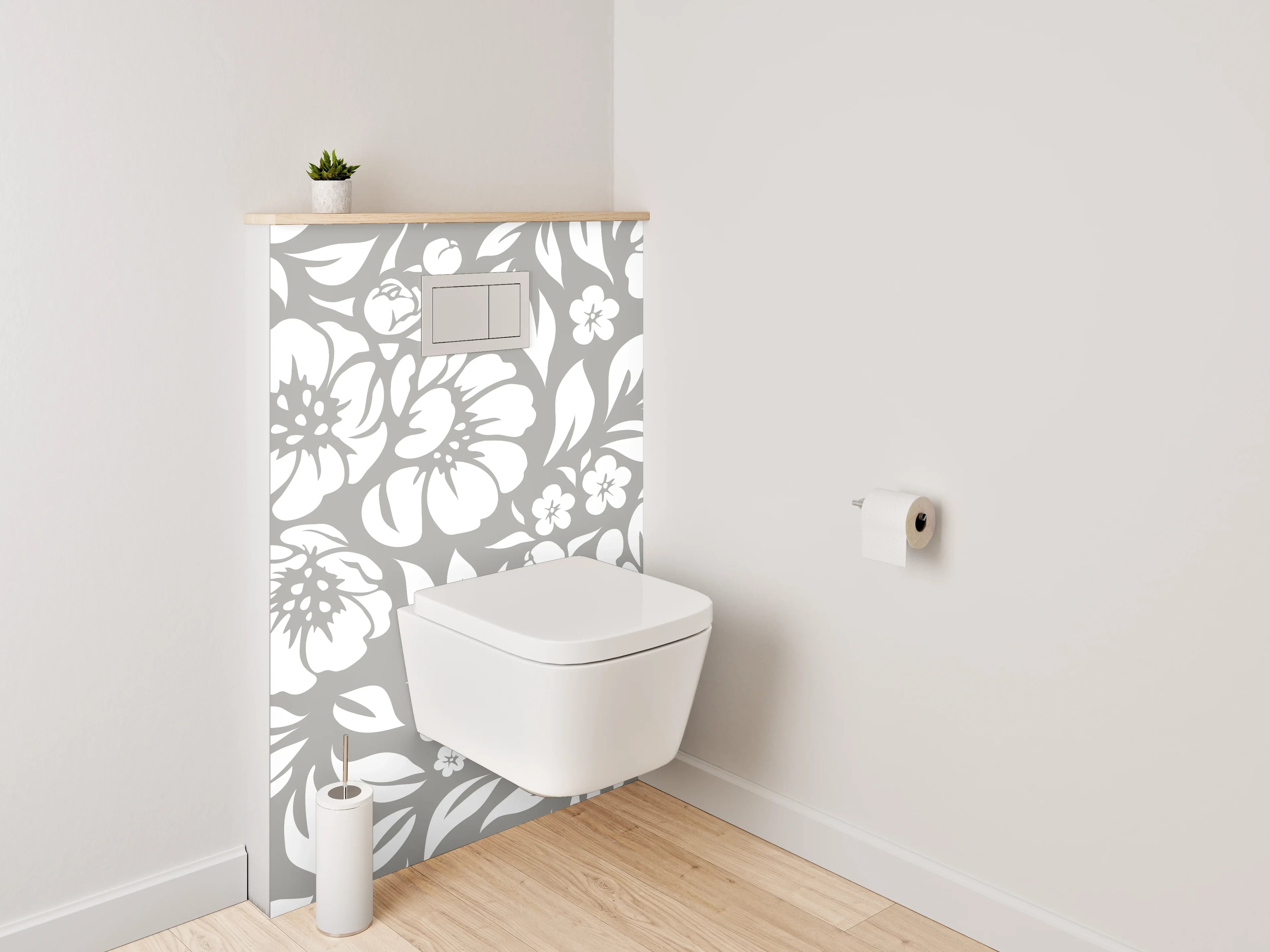 WC-Rückwand - Blumenmuster Grau-Weiß Tapete
