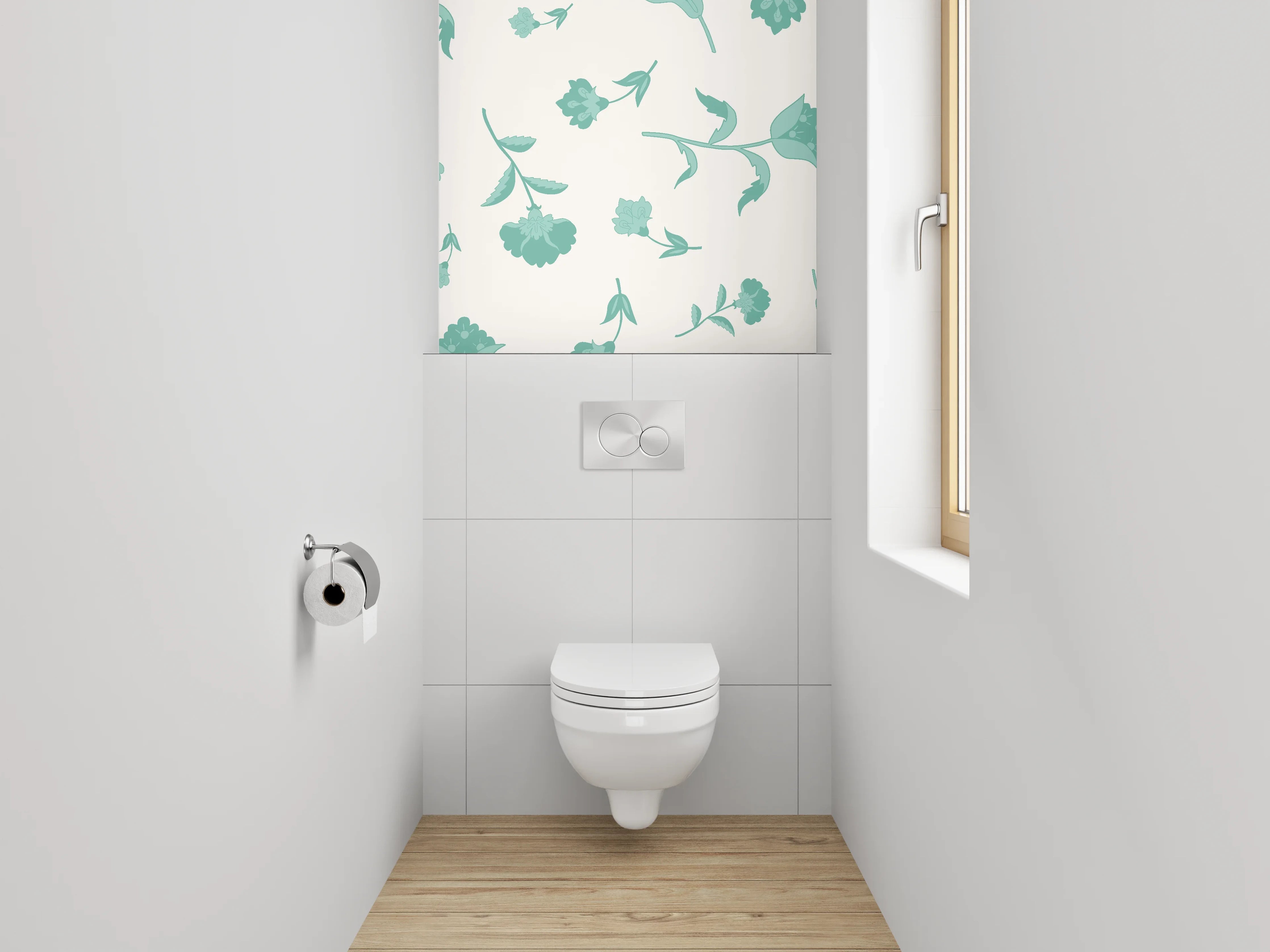 WC-Rückwand - Blumenmuster Mint auf Weiß